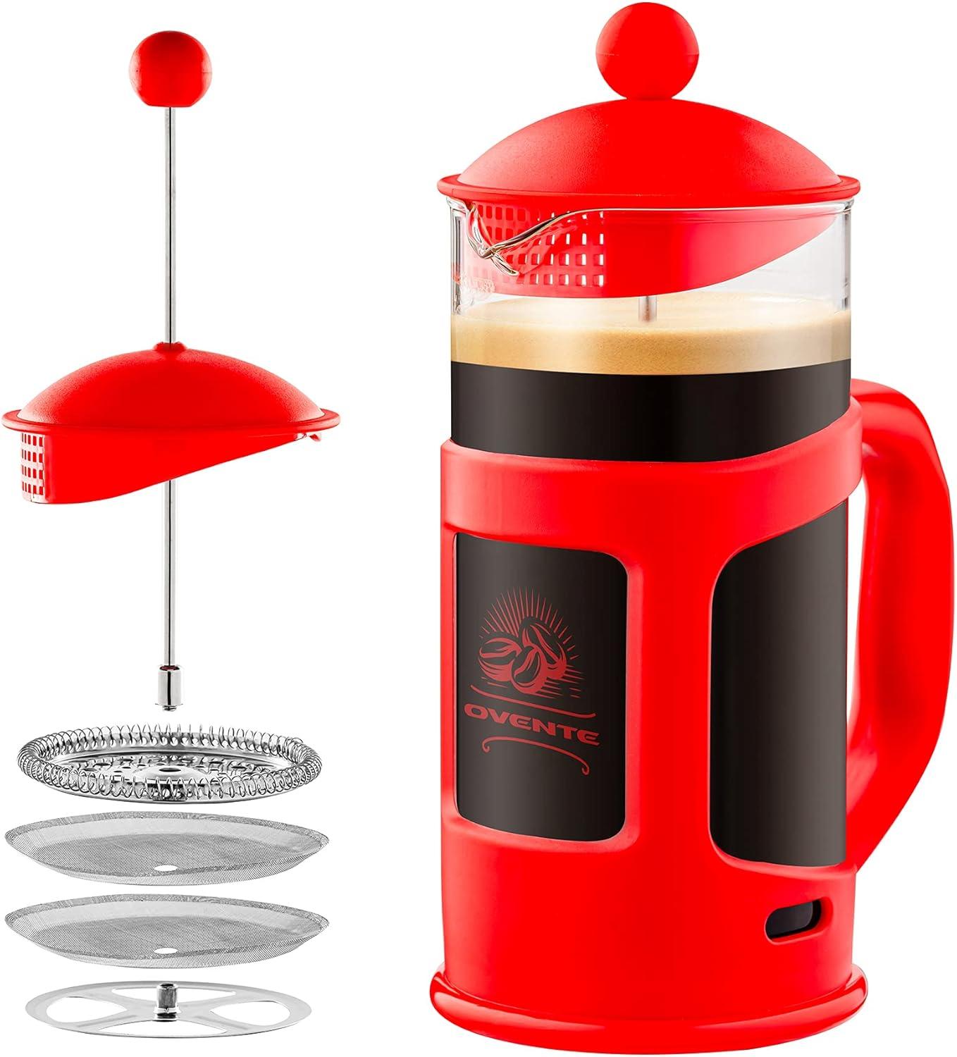 imageOVENTE French Press Coffee Maker 34 Ounce Heat Resistant Borosilicate Glass with 4 Filter StainlessSteel System BPAFree Portable Pitcher Perfect for Hot ampamp Cold Brew Red FPT34RFPT  Red