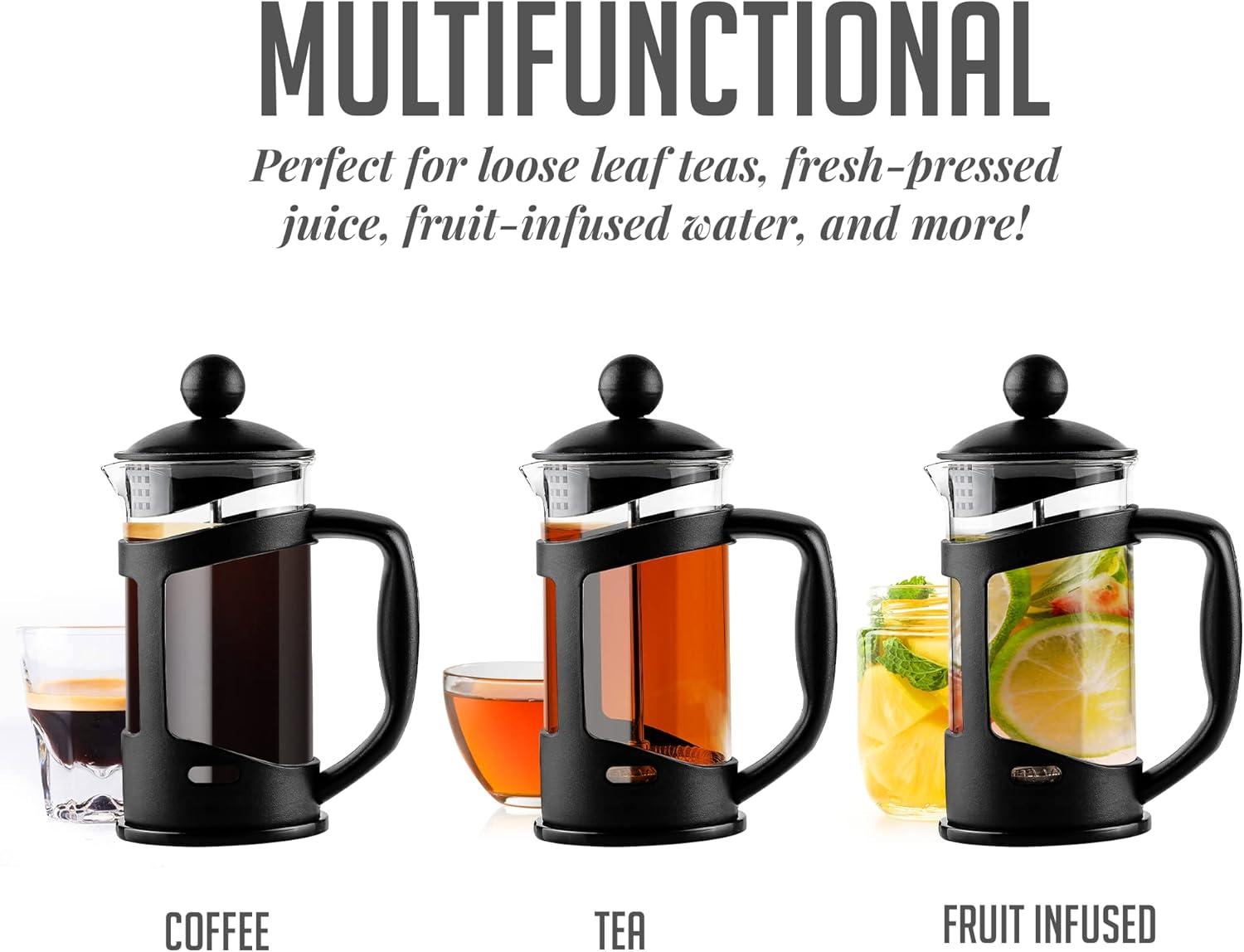 imageOVENTE French Press Coffee Maker 34 Ounce Heat Resistant Borosilicate Glass with 4 Filter StainlessSteel System BPAFree Portable Pitcher Perfect for Hot ampamp Cold Brew Red FPT34RFPT  Black
