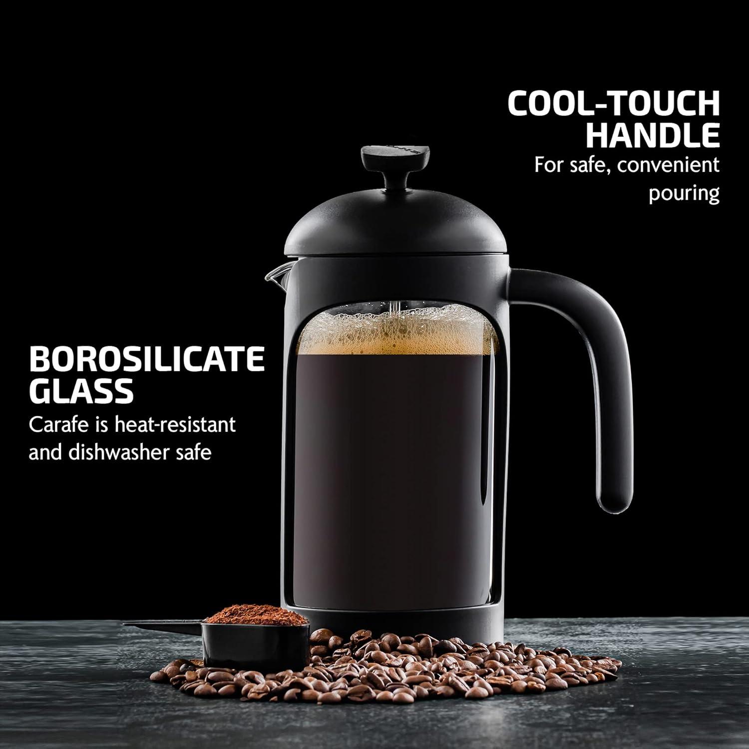 imageOVENTE French Press Coffee Maker 34 Ounce Heat Resistant Borosilicate Glass with 4 Filter StainlessSteel System BPAFree Portable Pitcher Perfect for Hot ampamp Cold Brew Red FPT34RFPB  Black