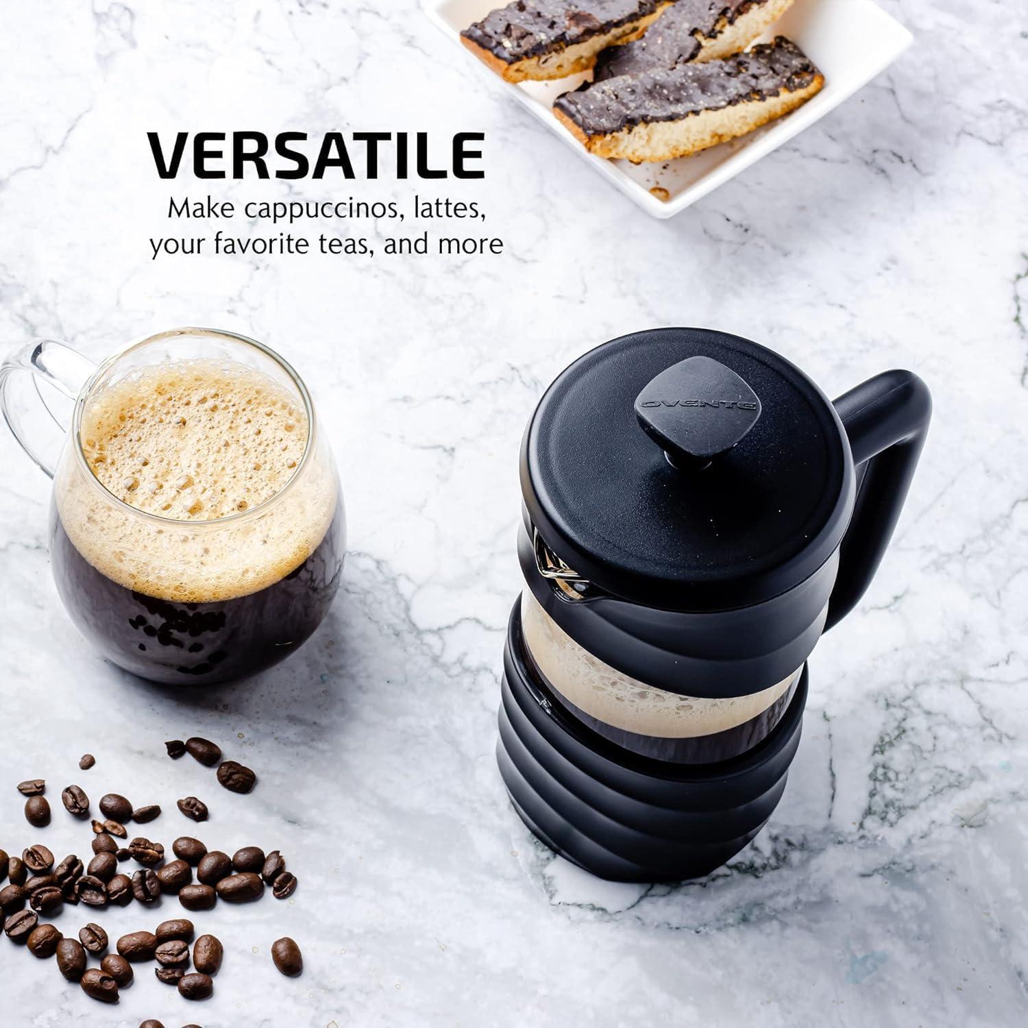 imageOVENTE French Press Coffee Maker 34 Ounce Heat Resistant Borosilicate Glass with 4 Filter StainlessSteel System BPAFree Portable Pitcher Perfect for Hot ampamp Cold Brew Red FPT34RFPW  Black