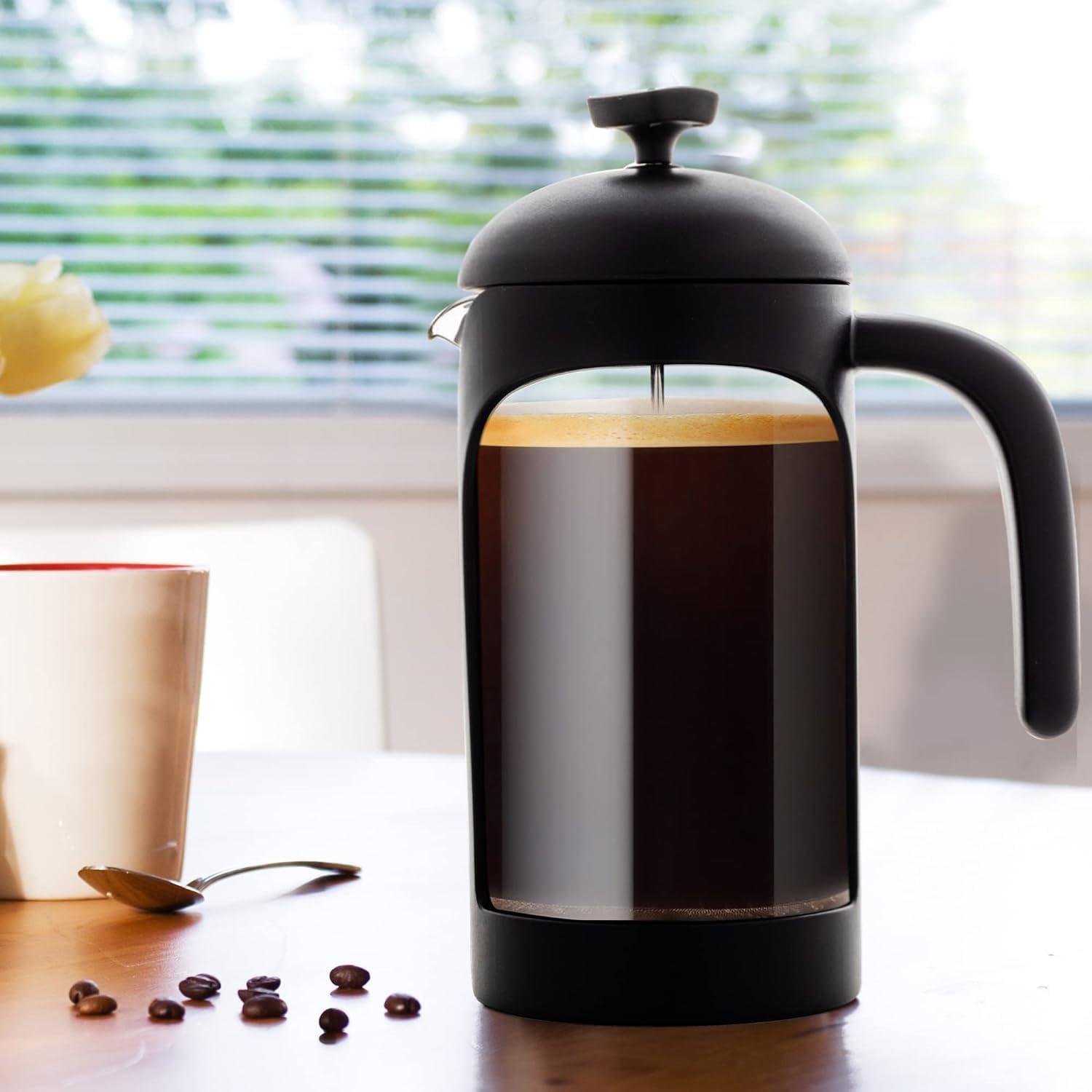 imageOVENTE French Press Coffee Maker 34 Ounce Heat Resistant Borosilicate Glass with 4 Filter StainlessSteel System BPAFree Portable Pitcher Perfect for Hot ampamp Cold Brew Red FPT34RFPB  Black