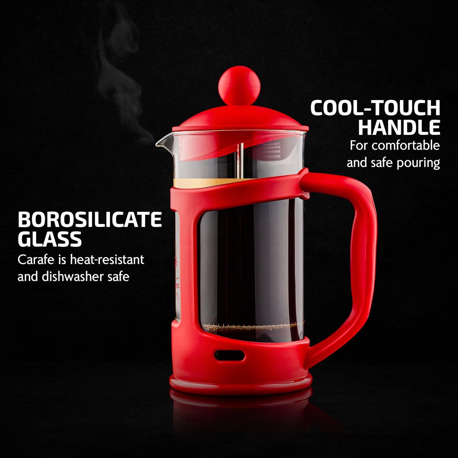 imageOVENTE French Press Coffee Maker 34 Ounce Heat Resistant Borosilicate Glass with 4 Filter StainlessSteel System BPAFree Portable Pitcher Perfect for Hot ampamp Cold Brew Red FPT34RFPT  Red