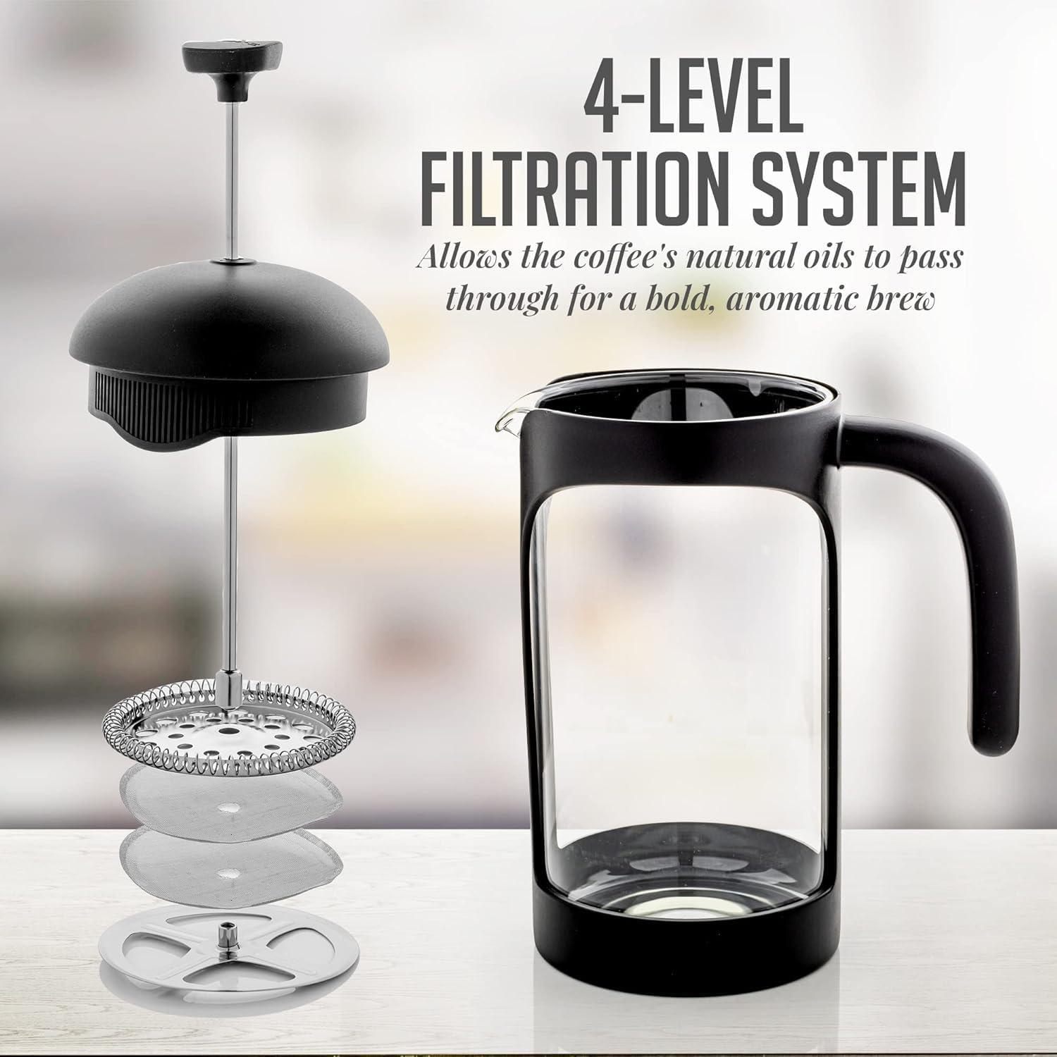 imageOVENTE French Press Coffee Maker 34 Ounce Heat Resistant Borosilicate Glass with 4 Filter StainlessSteel System BPAFree Portable Pitcher Perfect for Hot ampamp Cold Brew Red FPT34RFPB  Black