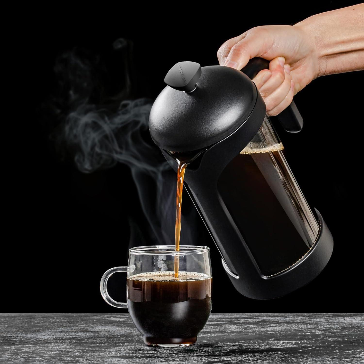imageOVENTE French Press Coffee Maker 34 Ounce Heat Resistant Borosilicate Glass with 4 Filter StainlessSteel System BPAFree Portable Pitcher Perfect for Hot ampamp Cold Brew Red FPT34RFPB  Black