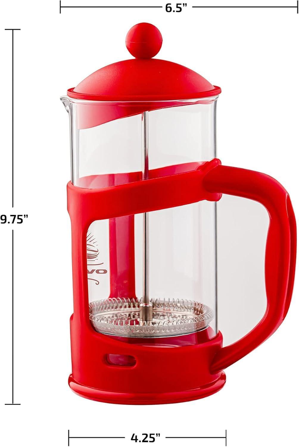 imageOVENTE French Press Coffee Maker 34 Ounce Heat Resistant Borosilicate Glass with 4 Filter StainlessSteel System BPAFree Portable Pitcher Perfect for Hot ampamp Cold Brew Red FPT34RFPT  Red