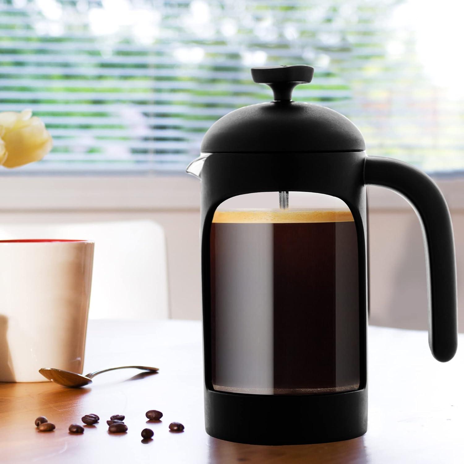 imageOVENTE French Press Coffee Maker 34 Ounce Heat Resistant Borosilicate Glass with 4 Filter StainlessSteel System BPAFree Portable Pitcher Perfect for Hot ampamp Cold Brew Red FPT34RFPB  Black
