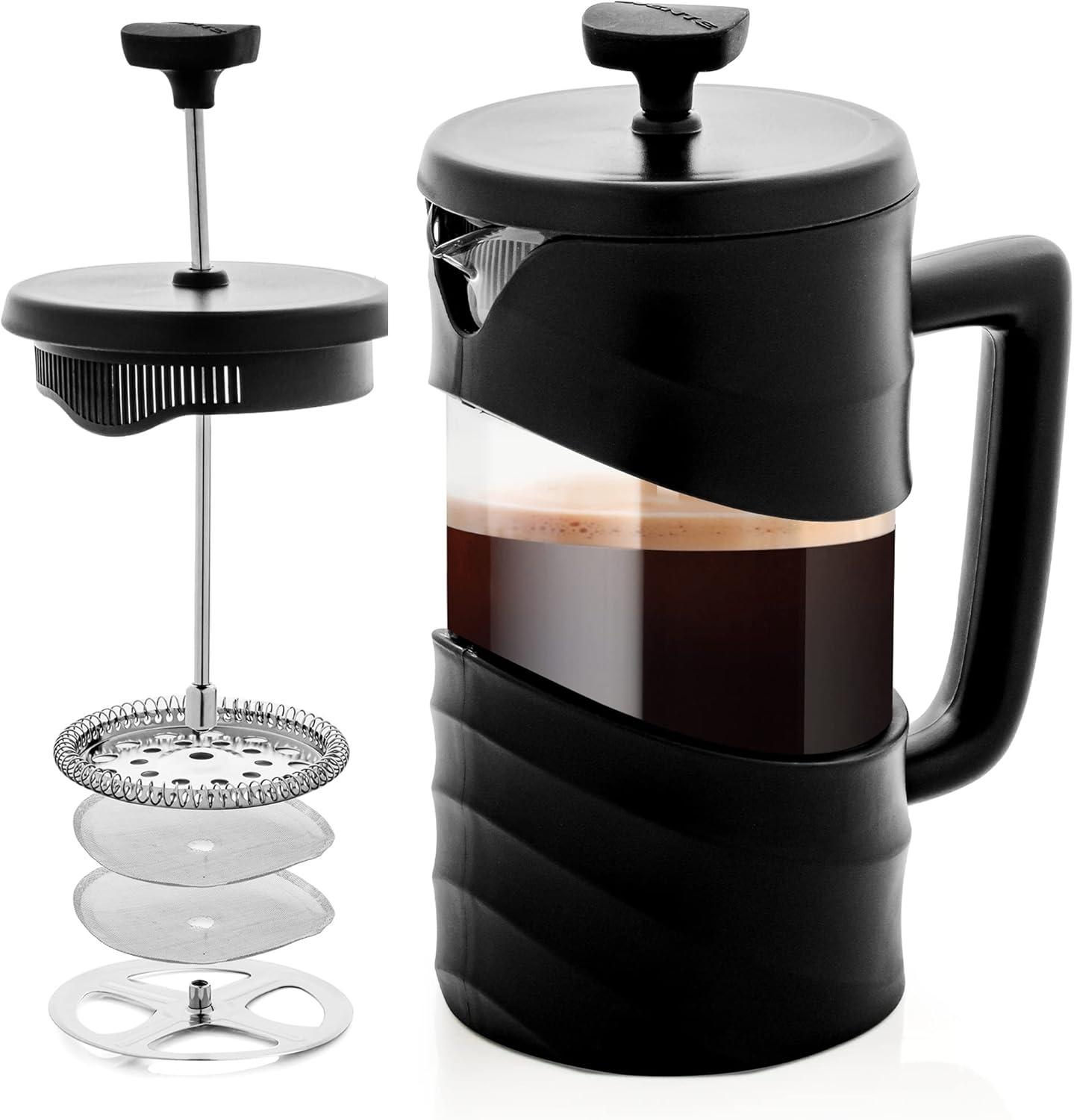 imageOVENTE French Press Coffee Maker 34 Ounce Heat Resistant Borosilicate Glass with 4 Filter StainlessSteel System BPAFree Portable Pitcher Perfect for Hot ampamp Cold Brew Red FPT34RFPW  Black