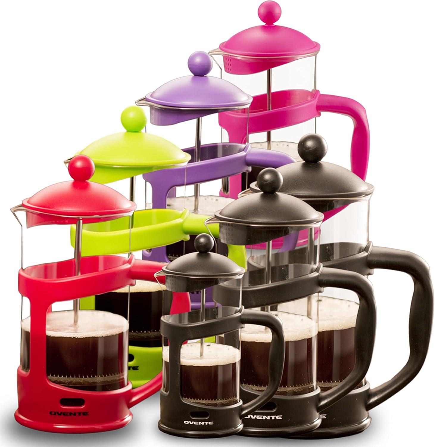 imageOVENTE French Press Coffee Maker 34 Ounce Heat Resistant Borosilicate Glass with 4 Filter StainlessSteel System BPAFree Portable Pitcher Perfect for Hot ampamp Cold Brew Red FPT34RFPT  Black