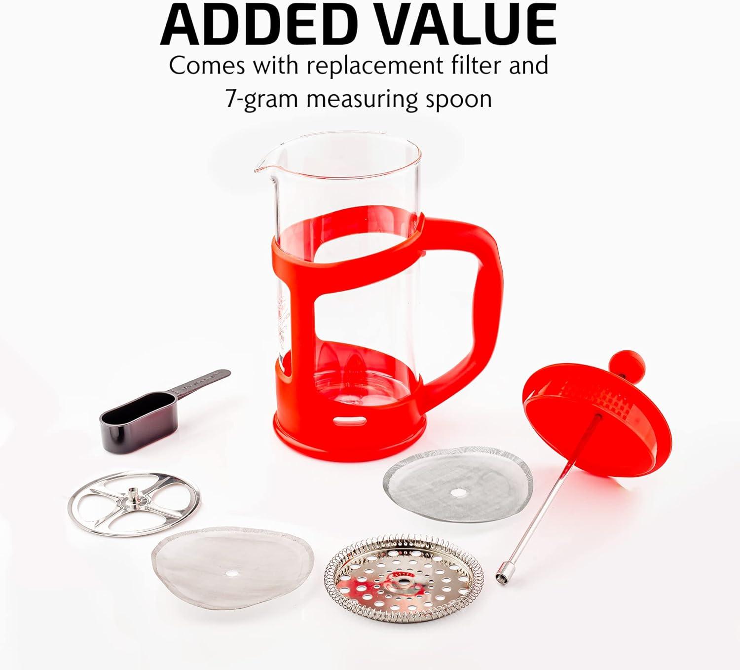 imageOVENTE French Press Coffee Maker 34 Ounce Heat Resistant Borosilicate Glass with 4 Filter StainlessSteel System BPAFree Portable Pitcher Perfect for Hot ampamp Cold Brew Red FPT34RFPT  Red