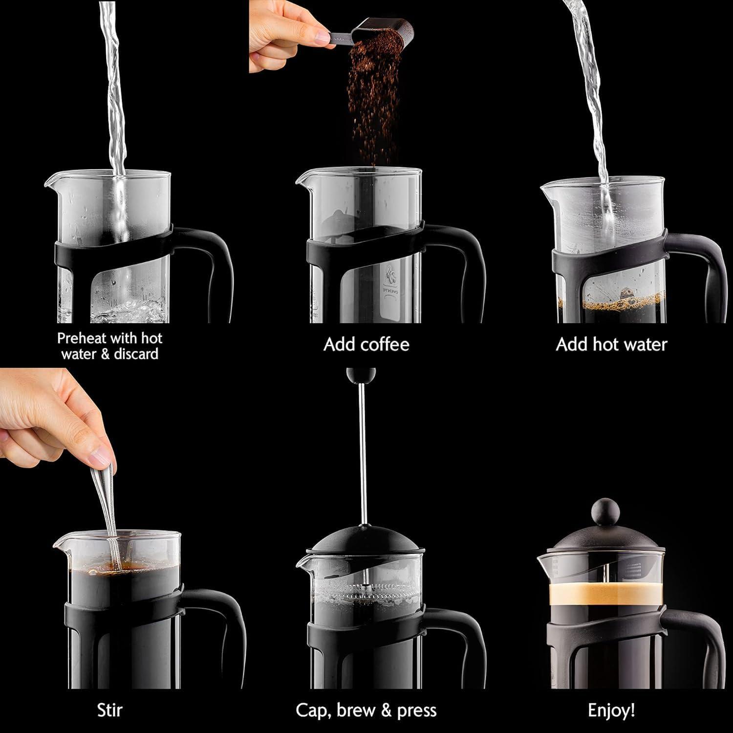 imageOVENTE French Press Coffee Maker 34 Ounce Heat Resistant Borosilicate Glass with 4 Filter StainlessSteel System BPAFree Portable Pitcher Perfect for Hot ampamp Cold Brew Red FPT34RFPT  Black