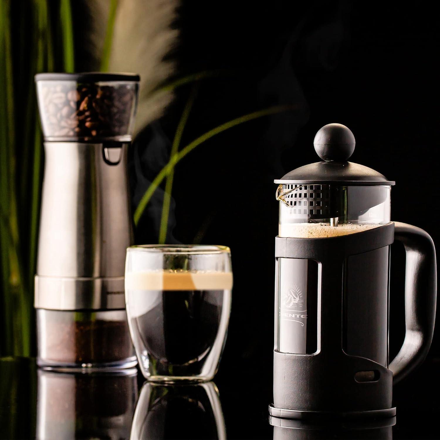 imageOVENTE French Press Coffee Maker 34 Ounce Heat Resistant Borosilicate Glass with 4 Filter StainlessSteel System BPAFree Portable Pitcher Perfect for Hot ampamp Cold Brew Red FPT34RFPT  Black