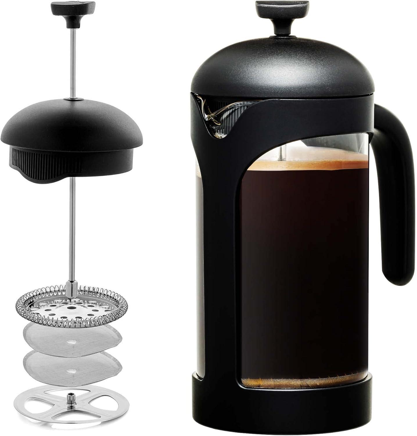 imageOVENTE French Press Coffee Maker 34 Ounce Heat Resistant Borosilicate Glass with 4 Filter StainlessSteel System BPAFree Portable Pitcher Perfect for Hot ampamp Cold Brew Red FPT34RFPB  Black
