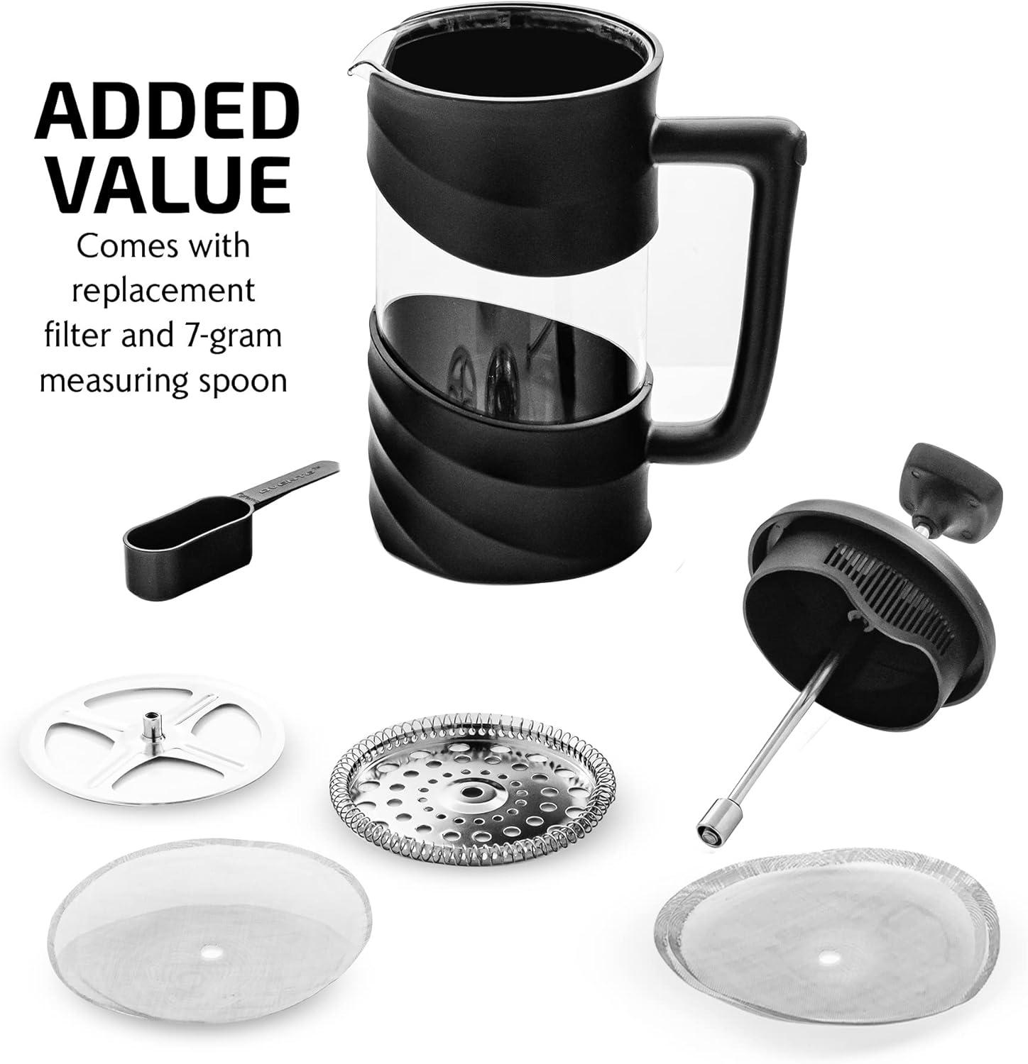 imageOVENTE French Press Coffee Maker 34 Ounce Heat Resistant Borosilicate Glass with 4 Filter StainlessSteel System BPAFree Portable Pitcher Perfect for Hot ampamp Cold Brew Red FPT34RFPW  Black