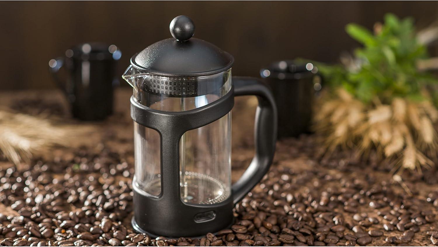 imageOVENTE French Press Coffee Maker 34 Ounce Heat Resistant Borosilicate Glass with 4 Filter StainlessSteel System BPAFree Portable Pitcher Perfect for Hot ampamp Cold Brew Red FPT34RFPT  Black