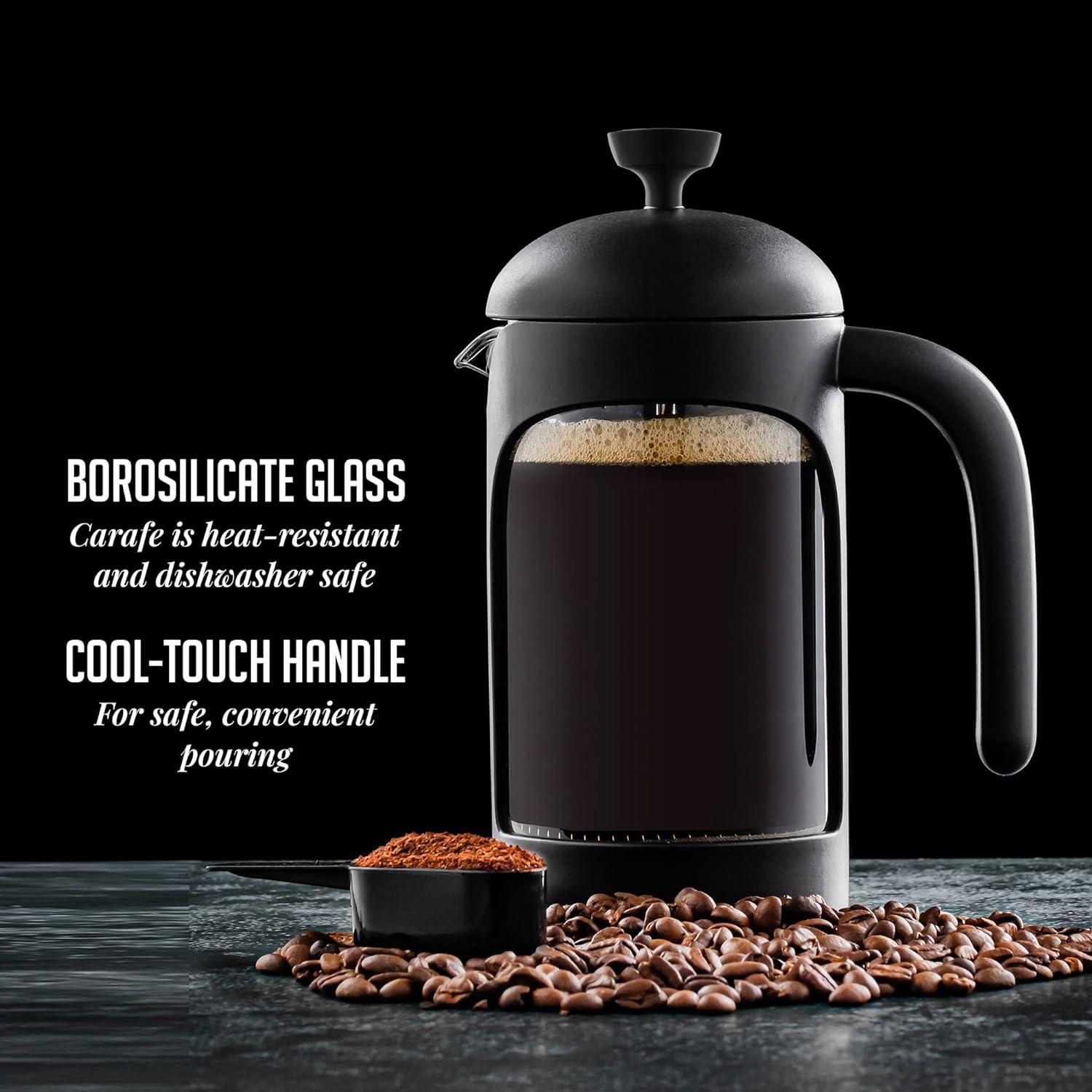 imageOVENTE French Press Coffee Maker 34 Ounce Heat Resistant Borosilicate Glass with 4 Filter StainlessSteel System BPAFree Portable Pitcher Perfect for Hot ampamp Cold Brew Red FPT34RFPB  Black