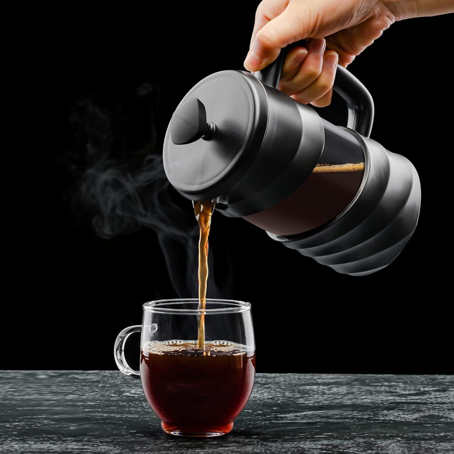 imageOVENTE French Press Coffee Maker 34 Ounce Heat Resistant Borosilicate Glass with 4 Filter StainlessSteel System BPAFree Portable Pitcher Perfect for Hot ampamp Cold Brew Red FPT34RFPW  Black