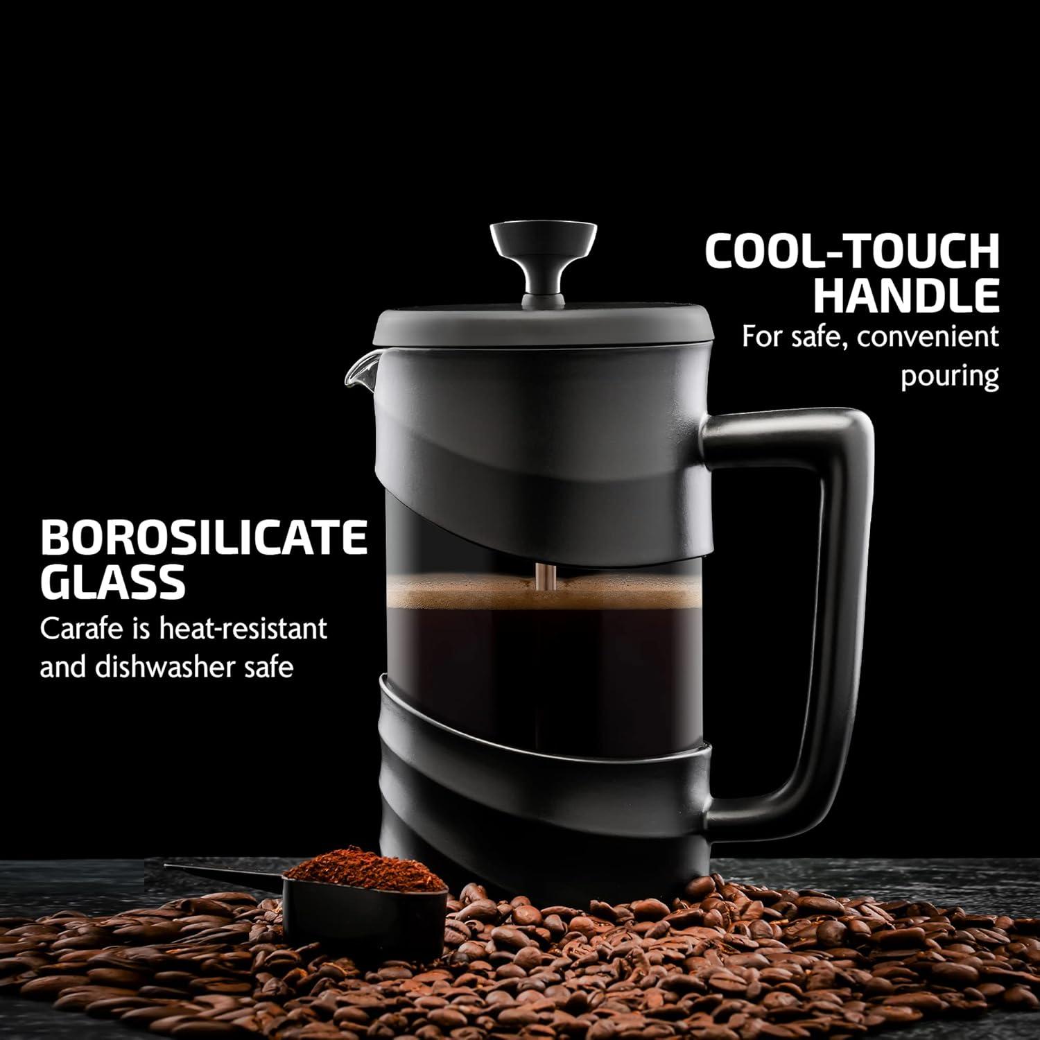 imageOVENTE French Press Coffee Maker 34 Ounce Heat Resistant Borosilicate Glass with 4 Filter StainlessSteel System BPAFree Portable Pitcher Perfect for Hot ampamp Cold Brew Red FPT34RFPW  Black