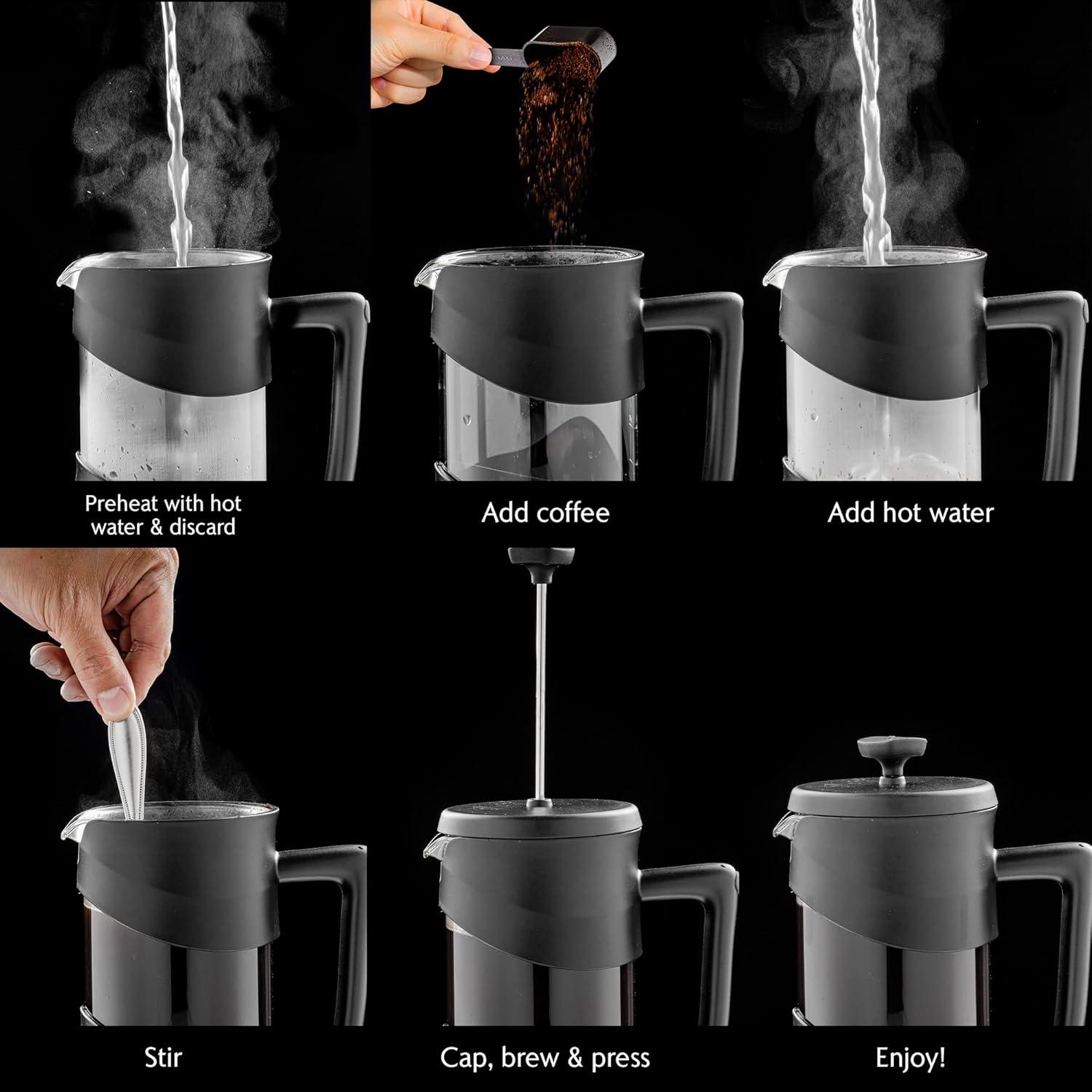 imageOVENTE French Press Coffee Maker 34 Ounce Heat Resistant Borosilicate Glass with 4 Filter StainlessSteel System BPAFree Portable Pitcher Perfect for Hot ampamp Cold Brew Red FPT34RFPW  Black