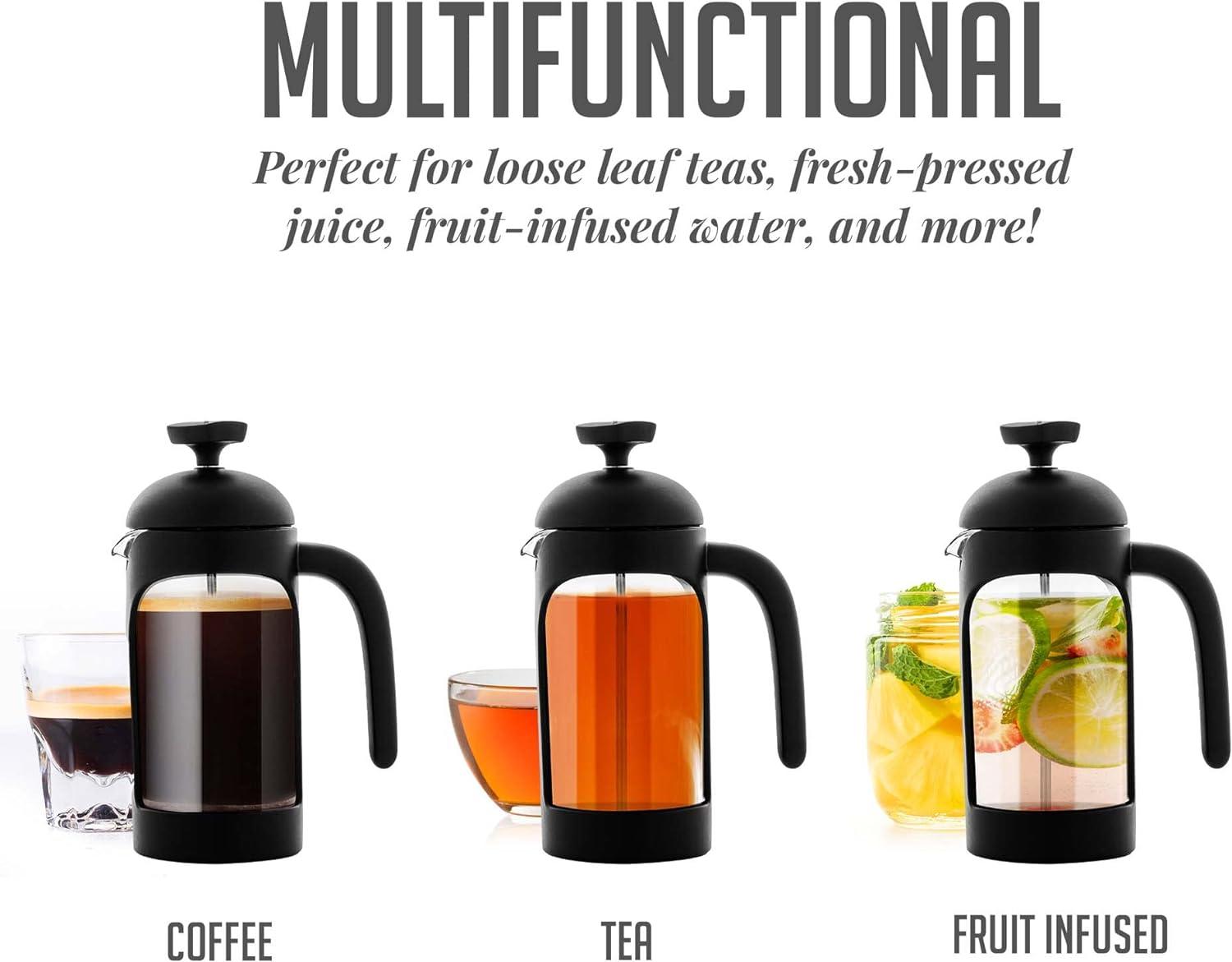 imageOVENTE French Press Coffee Maker 34 Ounce Heat Resistant Borosilicate Glass with 4 Filter StainlessSteel System BPAFree Portable Pitcher Perfect for Hot ampamp Cold Brew Red FPT34RFPB  Black