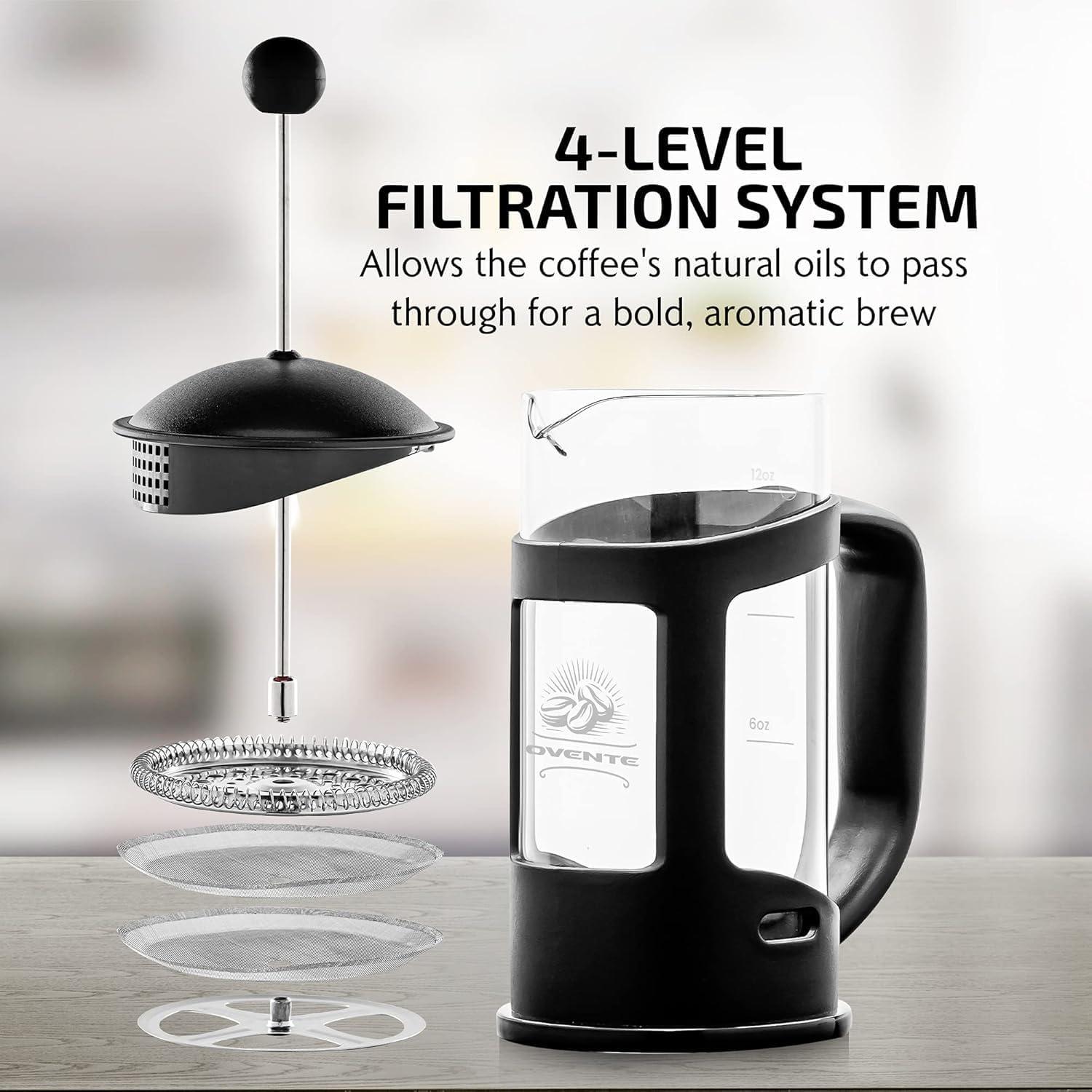 imageOVENTE French Press Coffee Maker 34 Ounce Heat Resistant Borosilicate Glass with 4 Filter StainlessSteel System BPAFree Portable Pitcher Perfect for Hot ampamp Cold Brew Red FPT34RFPT  Black