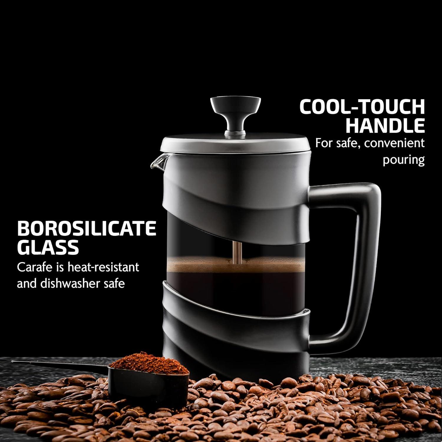 imageOVENTE French Press Coffee Maker 34 Ounce Heat Resistant Borosilicate Glass with 4 Filter StainlessSteel System BPAFree Portable Pitcher Perfect for Hot ampamp Cold Brew Red FPT34RFPW  Black