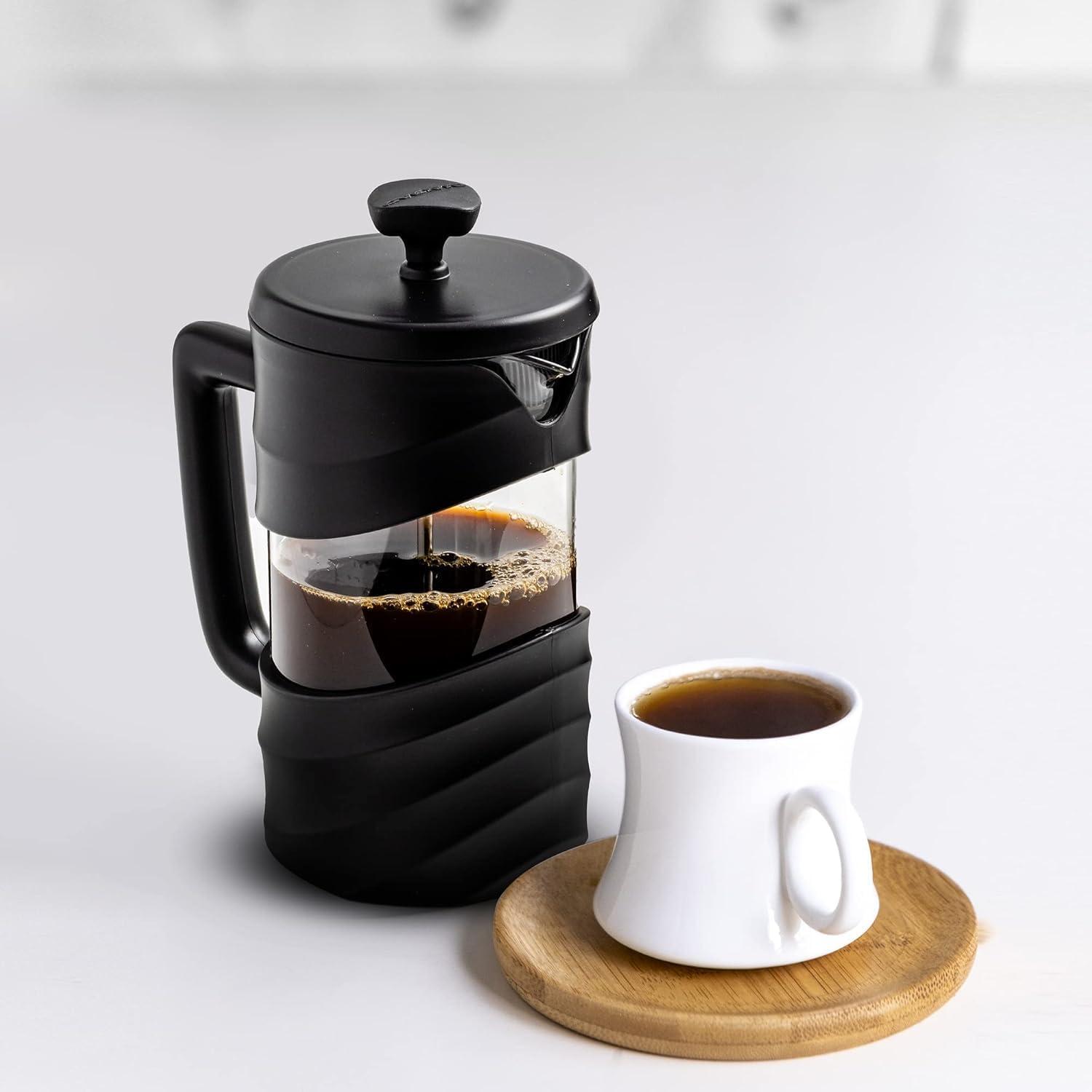 imageOVENTE French Press Coffee Maker 34 Ounce Heat Resistant Borosilicate Glass with 4 Filter StainlessSteel System BPAFree Portable Pitcher Perfect for Hot ampamp Cold Brew Red FPT34RFPW  Black