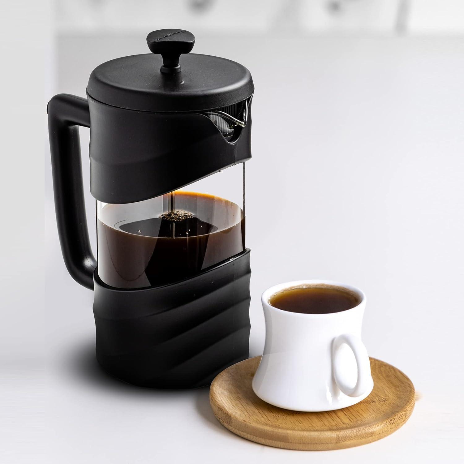 imageOVENTE French Press Coffee Maker 34 Ounce Heat Resistant Borosilicate Glass with 4 Filter StainlessSteel System BPAFree Portable Pitcher Perfect for Hot ampamp Cold Brew Red FPT34RFPW  Black