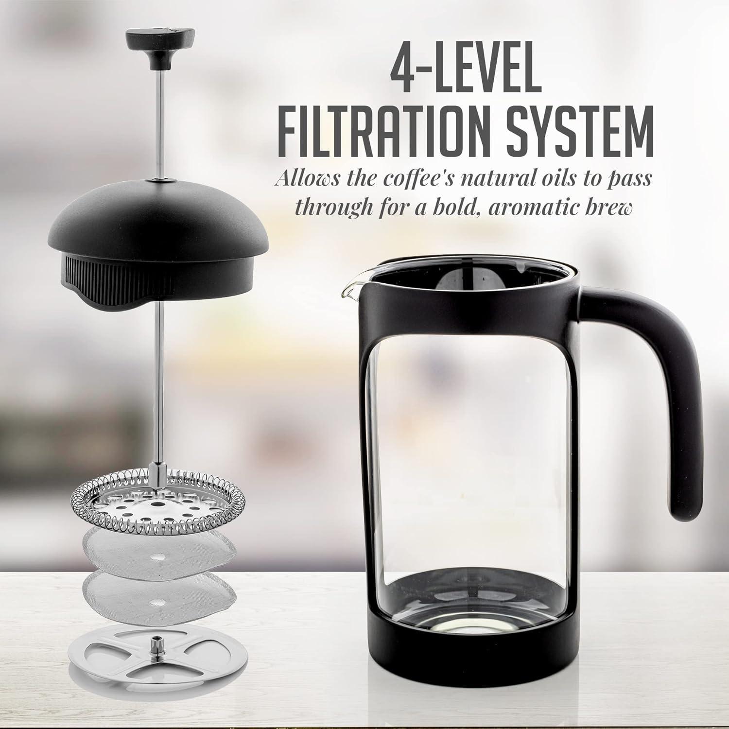 imageOVENTE French Press Coffee Maker 34 Ounce Heat Resistant Borosilicate Glass with 4 Filter StainlessSteel System BPAFree Portable Pitcher Perfect for Hot ampamp Cold Brew Red FPT34RFPB  Black