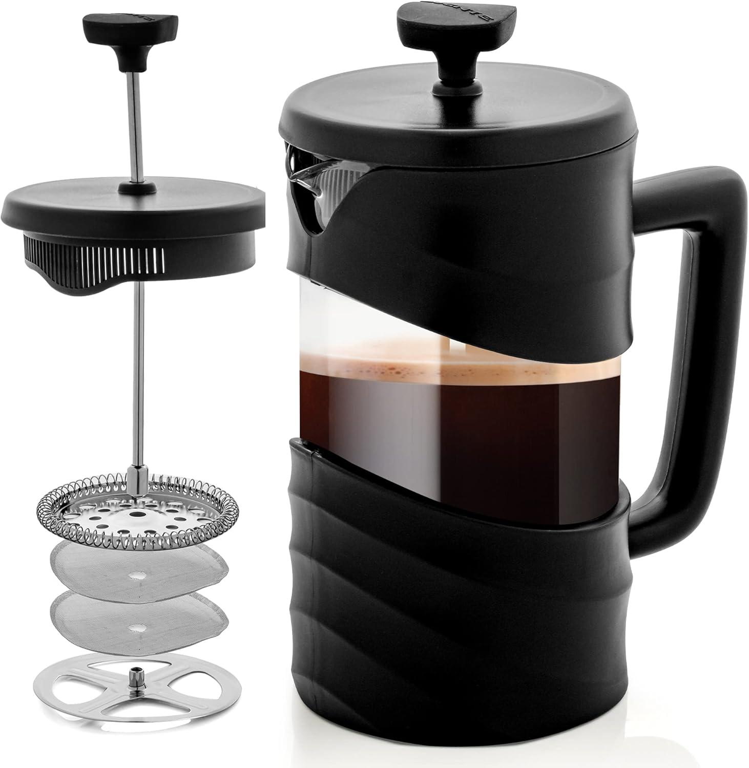 imageOVENTE French Press Coffee Maker 34 Ounce Heat Resistant Borosilicate Glass with 4 Filter StainlessSteel System BPAFree Portable Pitcher Perfect for Hot ampamp Cold Brew Red FPT34RFPW  Black