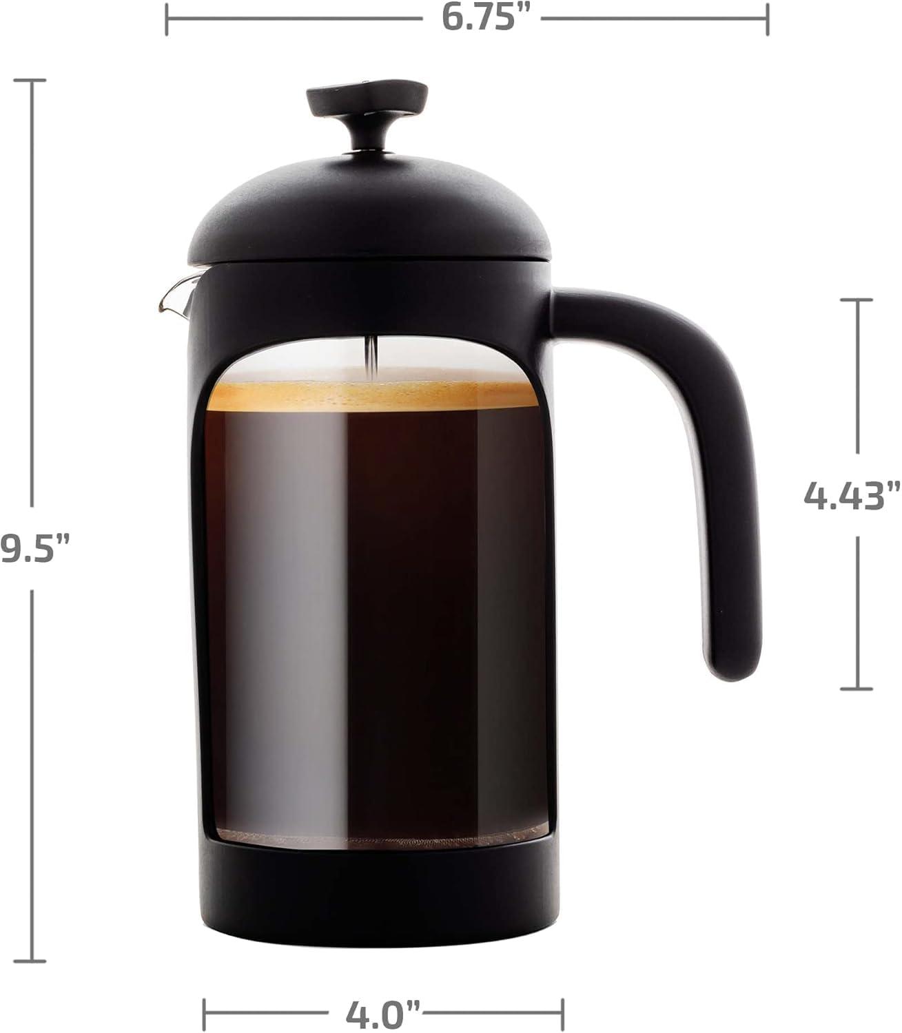 imageOVENTE French Press Coffee Maker 34 Ounce Heat Resistant Borosilicate Glass with 4 Filter StainlessSteel System BPAFree Portable Pitcher Perfect for Hot ampamp Cold Brew Red FPT34RFPB  Black