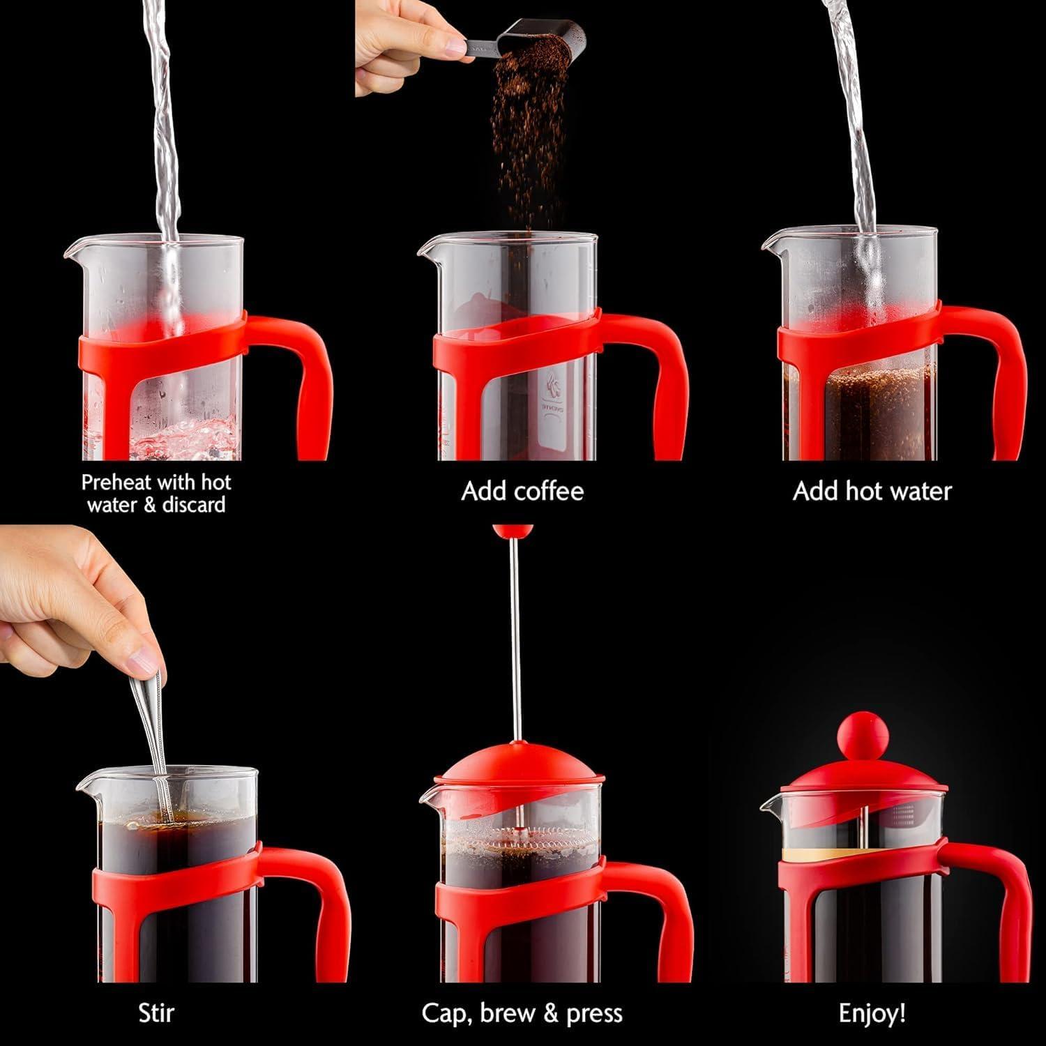 imageOVENTE French Press Coffee Maker 34 Ounce Heat Resistant Borosilicate Glass with 4 Filter StainlessSteel System BPAFree Portable Pitcher Perfect for Hot ampamp Cold Brew Red FPT34RFPT  Red