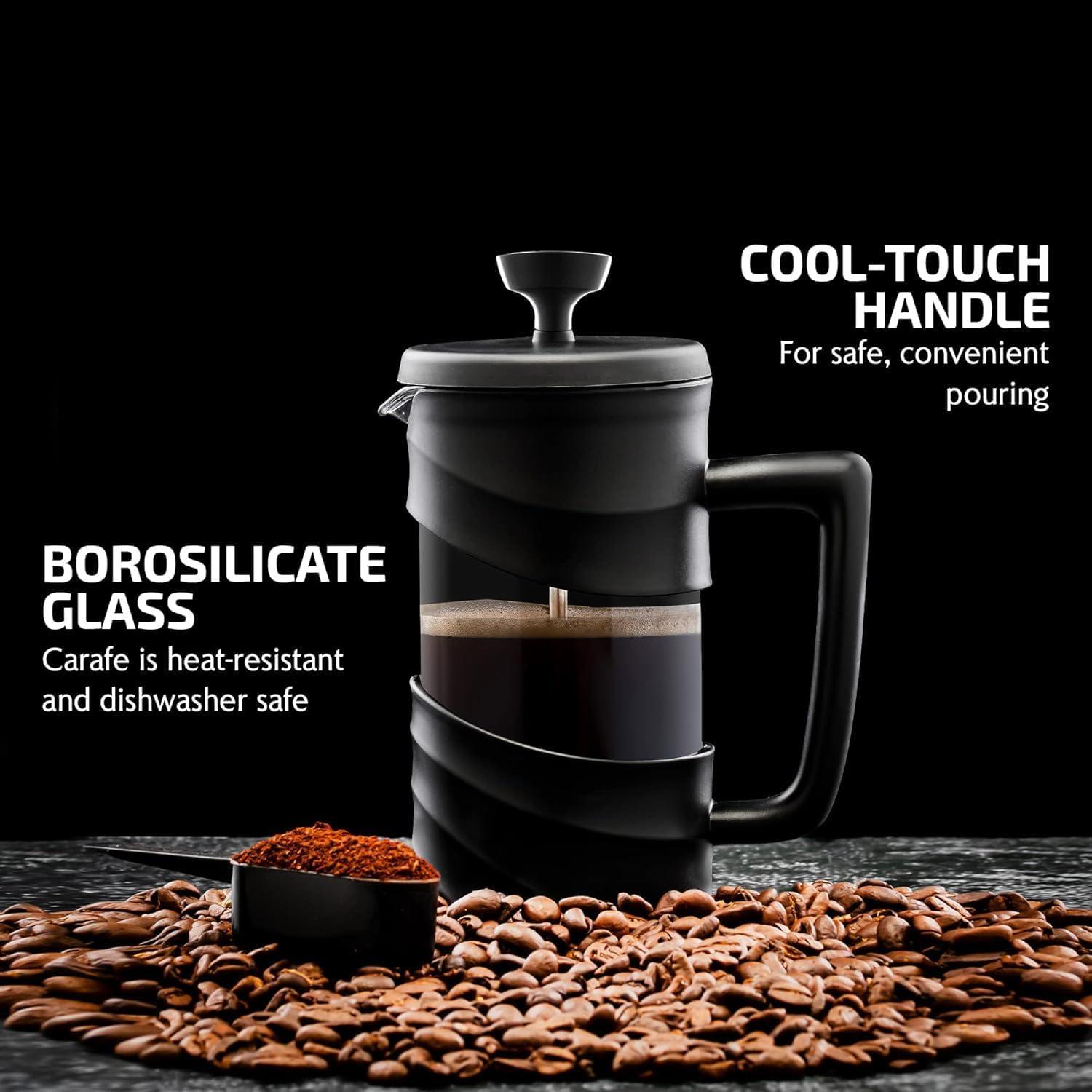 imageOVENTE French Press Coffee Maker 34 Ounce Heat Resistant Borosilicate Glass with 4 Filter StainlessSteel System BPAFree Portable Pitcher Perfect for Hot ampamp Cold Brew Red FPT34RFPW  Black