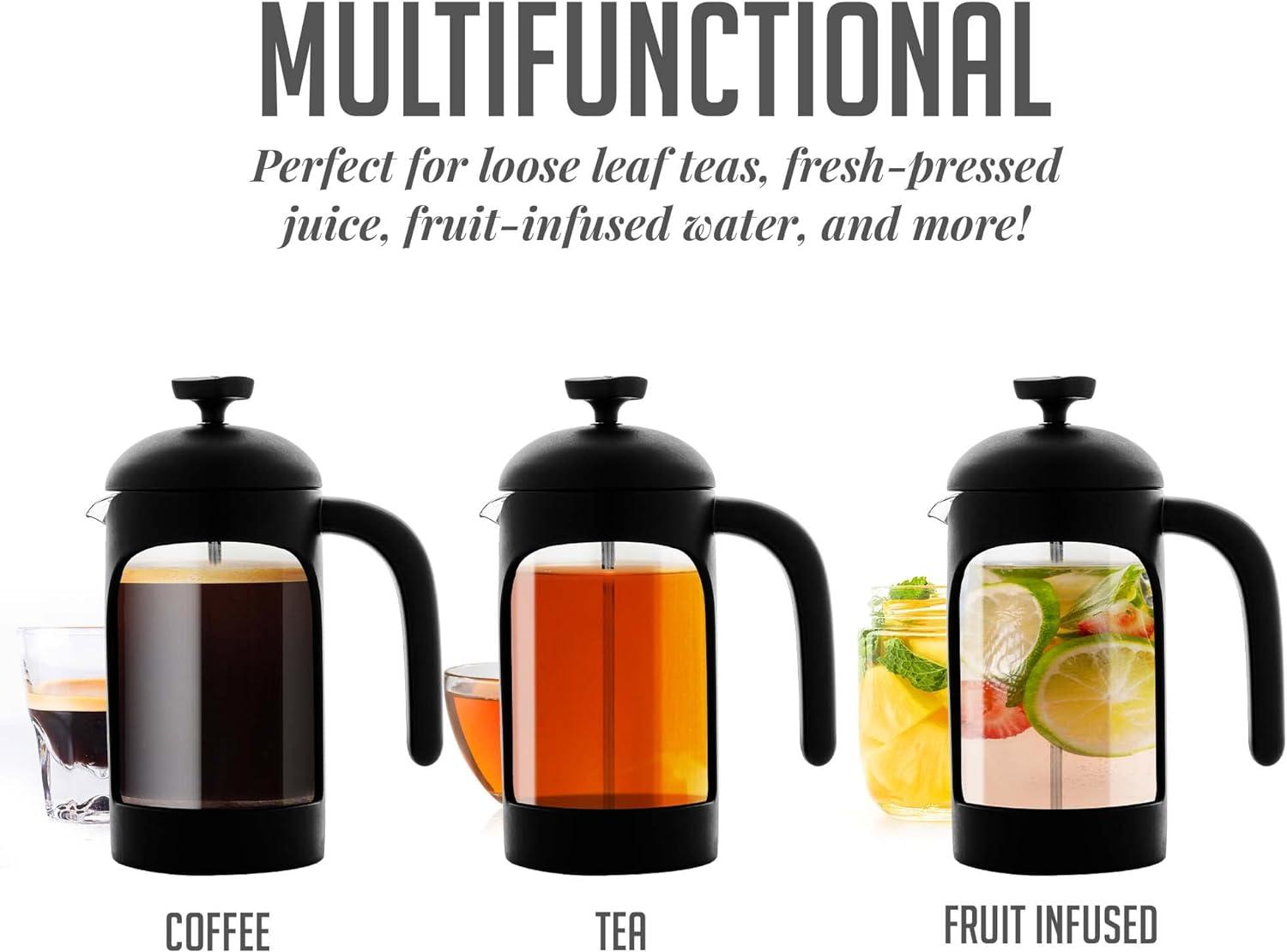 imageOVENTE French Press Coffee Maker 34 Ounce Heat Resistant Borosilicate Glass with 4 Filter StainlessSteel System BPAFree Portable Pitcher Perfect for Hot ampamp Cold Brew Red FPT34RFPB  Black