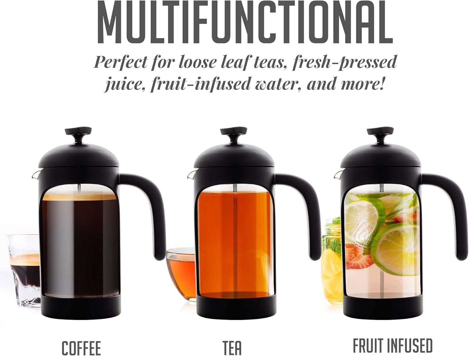 imageOVENTE French Press Coffee Maker 34 Ounce Heat Resistant Borosilicate Glass with 4 Filter StainlessSteel System BPAFree Portable Pitcher Perfect for Hot ampamp Cold Brew Red FPT34RFPB  Black
