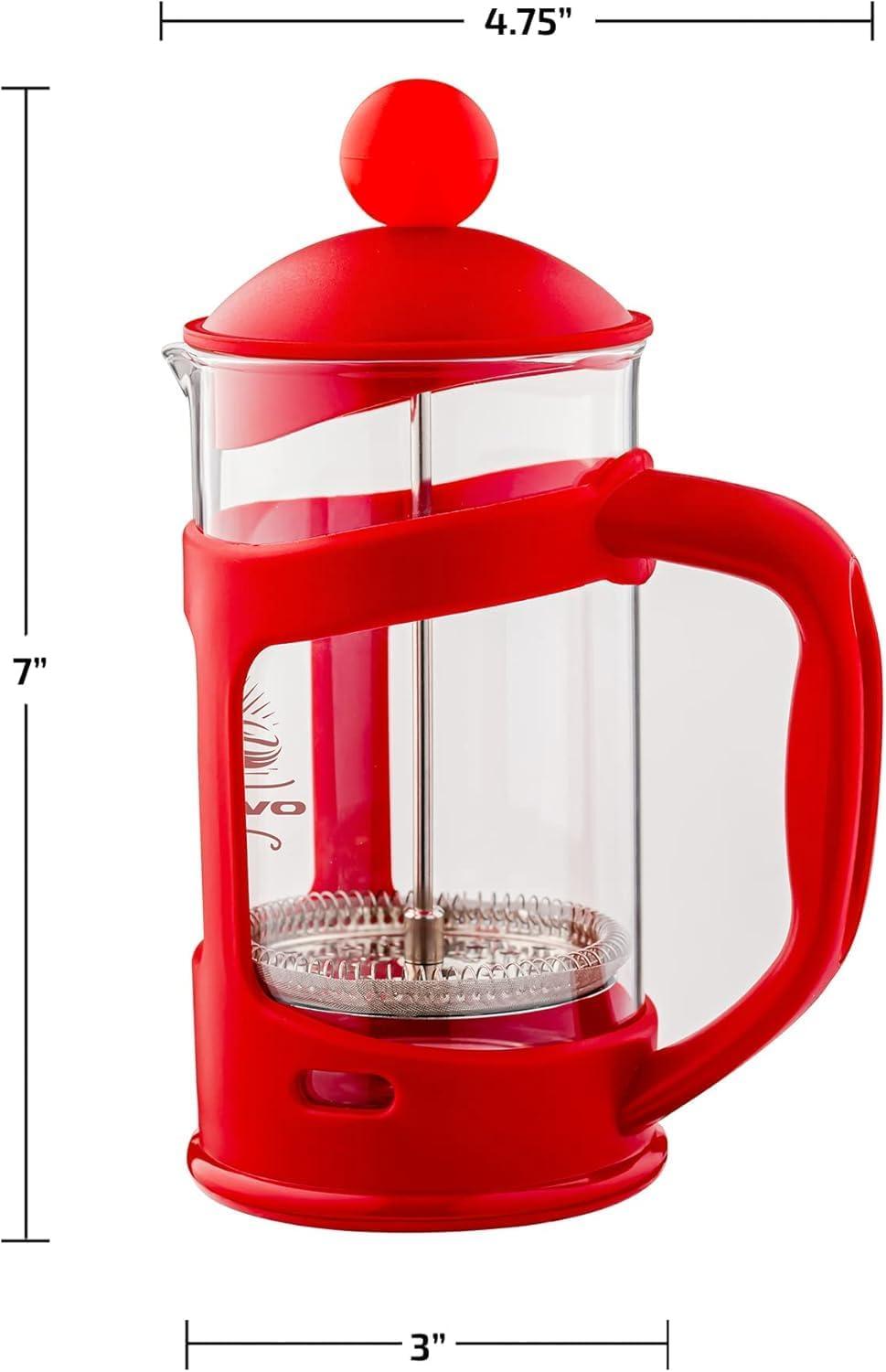 imageOVENTE French Press Coffee Maker 34 Ounce Heat Resistant Borosilicate Glass with 4 Filter StainlessSteel System BPAFree Portable Pitcher Perfect for Hot ampamp Cold Brew Red FPT34RFPT  Red