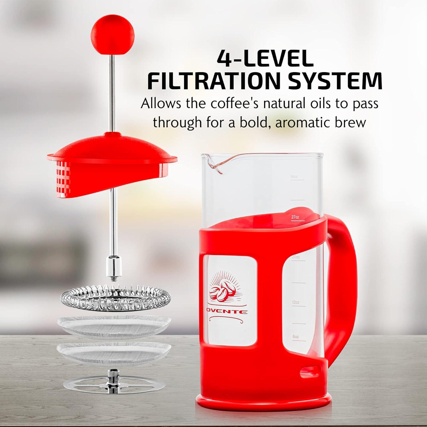 imageOVENTE French Press Coffee Maker 34 Ounce Heat Resistant Borosilicate Glass with 4 Filter StainlessSteel System BPAFree Portable Pitcher Perfect for Hot ampamp Cold Brew Red FPT34RFPT  Red