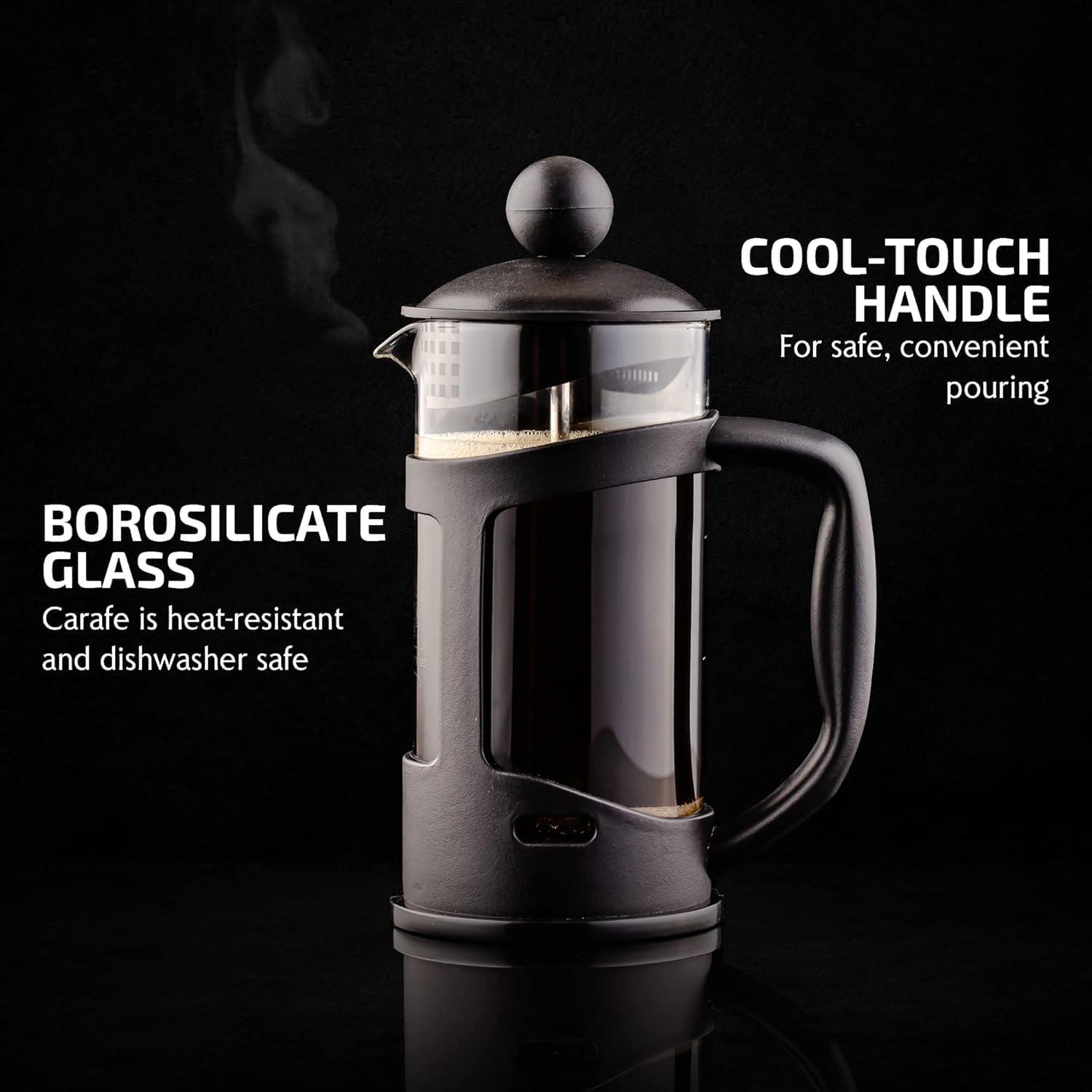 imageOVENTE French Press Coffee Maker 34 Ounce Heat Resistant Borosilicate Glass with 4 Filter StainlessSteel System BPAFree Portable Pitcher Perfect for Hot ampamp Cold Brew Red FPT34RFPT  Black