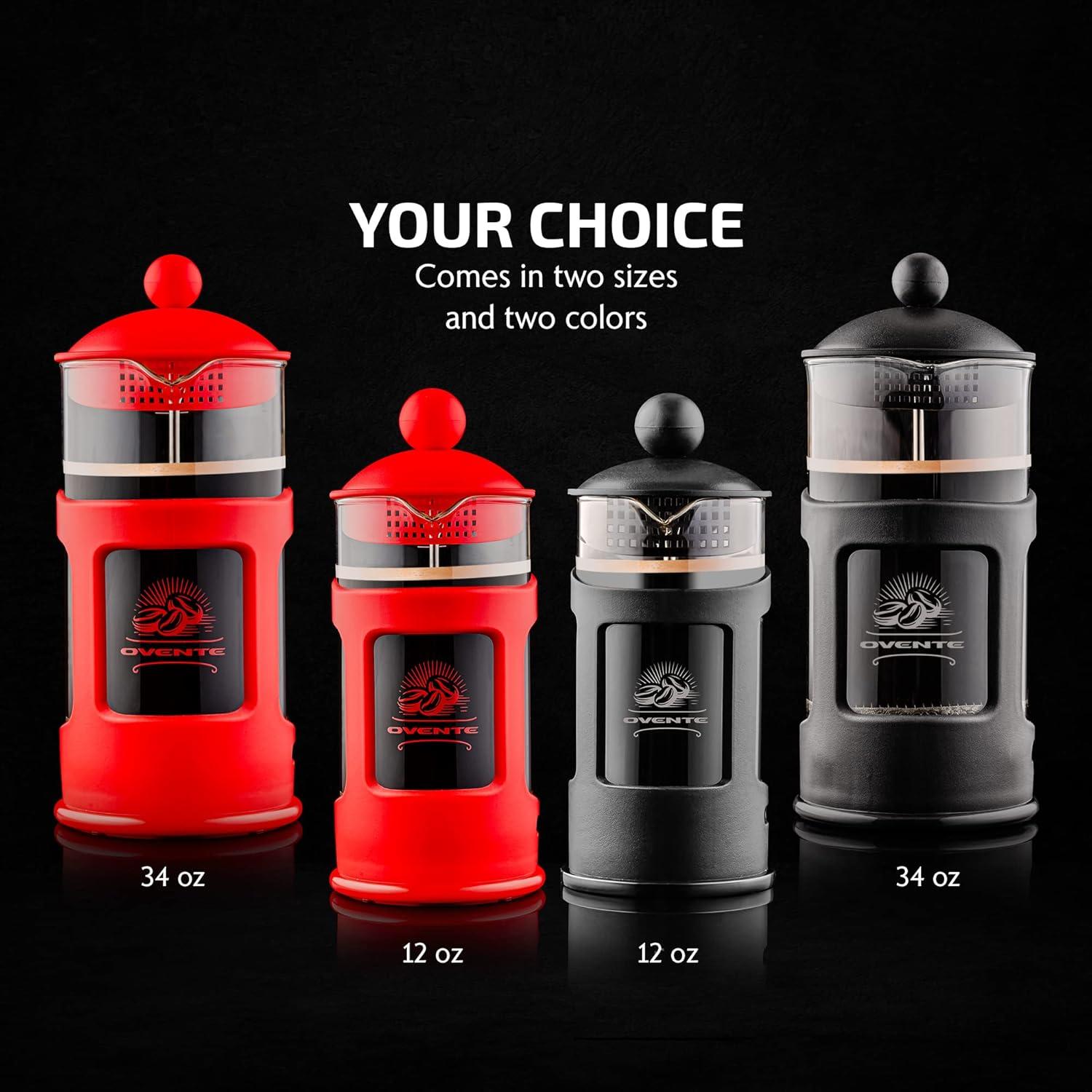 imageOVENTE French Press Coffee Maker 34 Ounce Heat Resistant Borosilicate Glass with 4 Filter StainlessSteel System BPAFree Portable Pitcher Perfect for Hot ampamp Cold Brew Red FPT34RFPT  Black