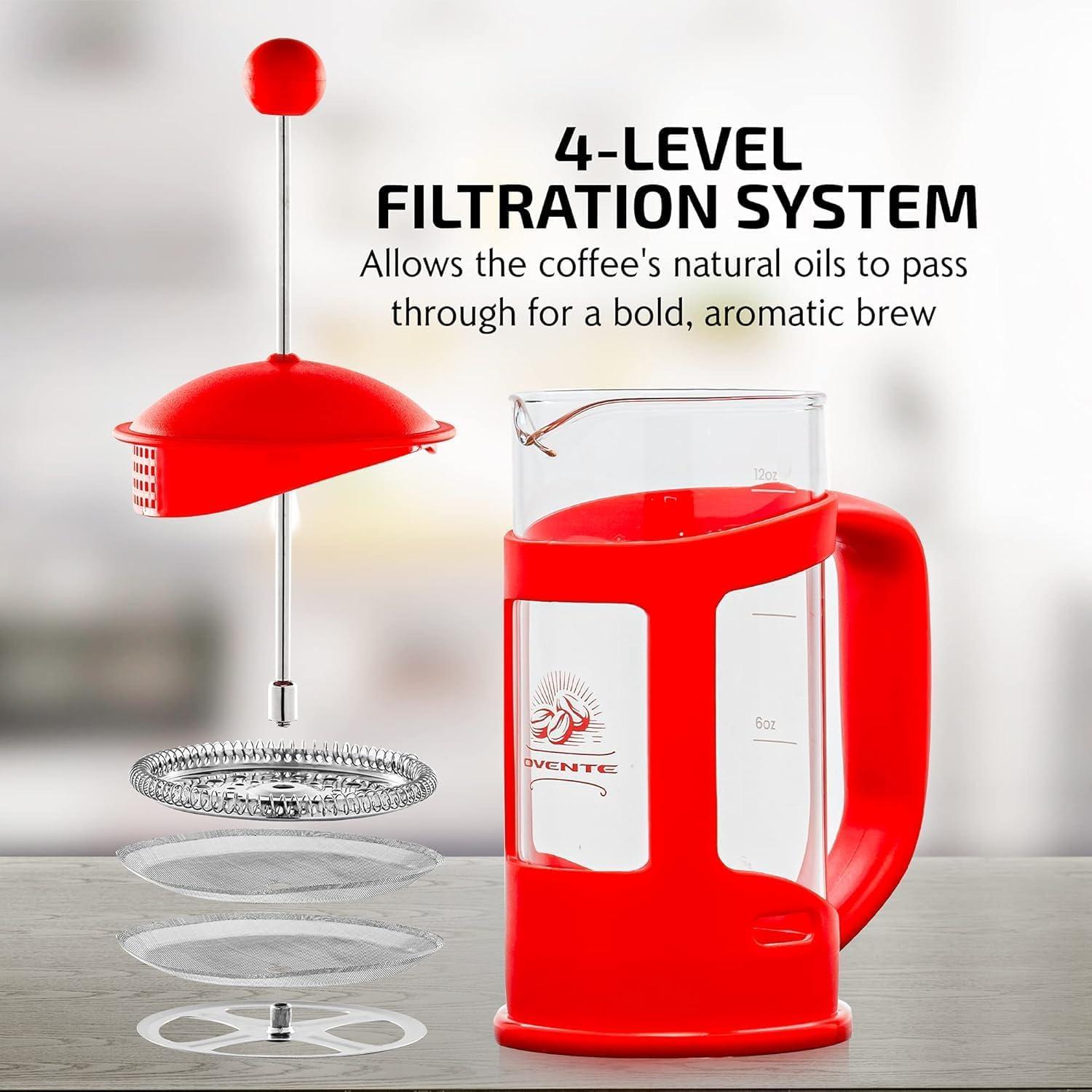 imageOVENTE French Press Coffee Maker 34 Ounce Heat Resistant Borosilicate Glass with 4 Filter StainlessSteel System BPAFree Portable Pitcher Perfect for Hot ampamp Cold Brew Red FPT34RFPT  Red