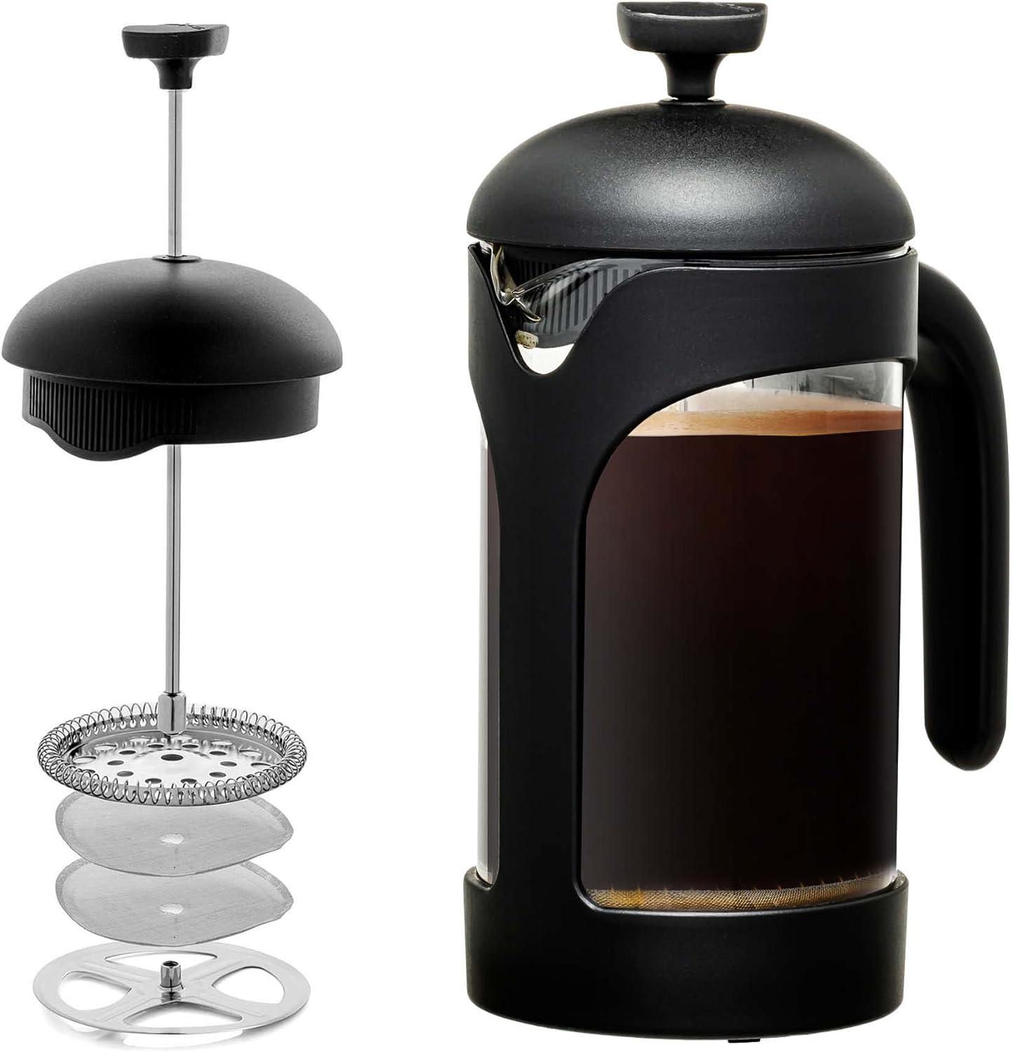 imageOVENTE French Press Coffee Maker 34 Ounce Heat Resistant Borosilicate Glass with 4 Filter StainlessSteel System BPAFree Portable Pitcher Perfect for Hot ampamp Cold Brew Red FPT34RFPB  Black