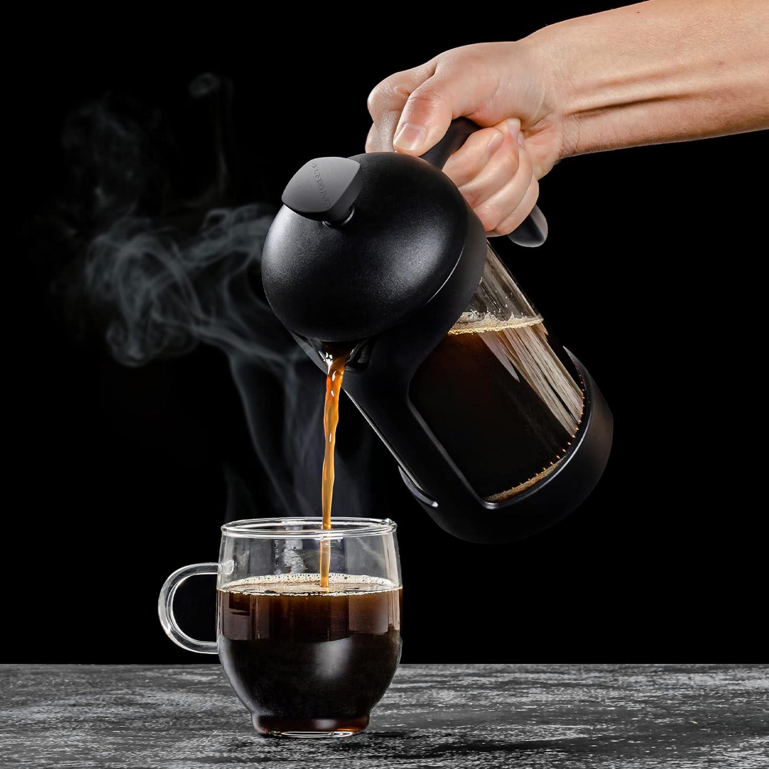 imageOVENTE French Press Coffee Maker 34 Ounce Heat Resistant Borosilicate Glass with 4 Filter StainlessSteel System BPAFree Portable Pitcher Perfect for Hot ampamp Cold Brew Red FPT34RFPB  Black