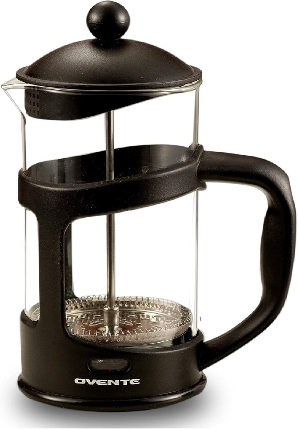 imageOVENTE French Press Coffee Maker 34 Ounce Heat Resistant Borosilicate Glass with 4 Filter StainlessSteel System BPAFree Portable Pitcher Perfect for Hot ampamp Cold Brew Red FPT34RFPT  Black