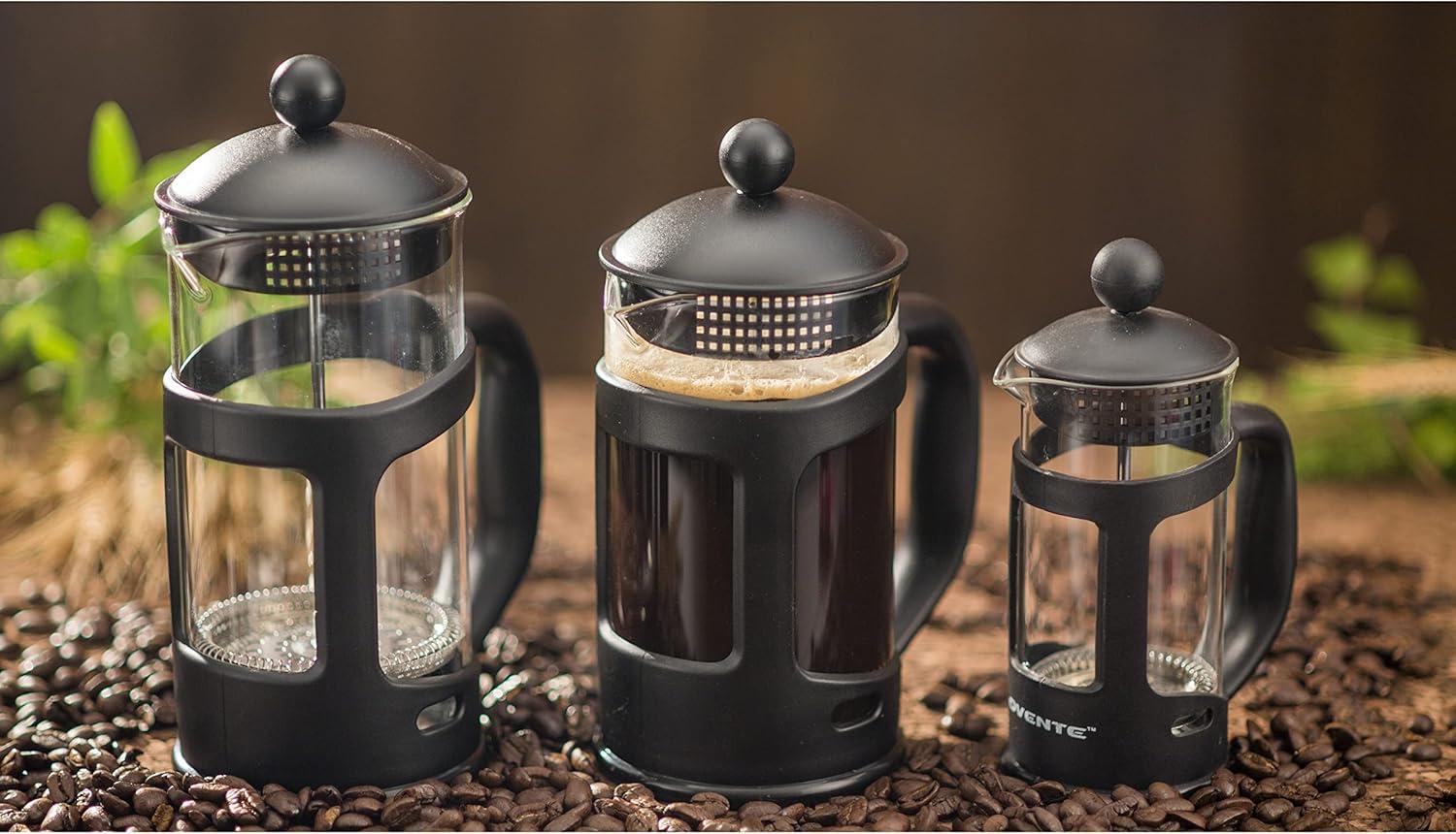 imageOVENTE French Press Coffee Maker 34 Ounce Heat Resistant Borosilicate Glass with 4 Filter StainlessSteel System BPAFree Portable Pitcher Perfect for Hot ampamp Cold Brew Red FPT34RFPT  Black