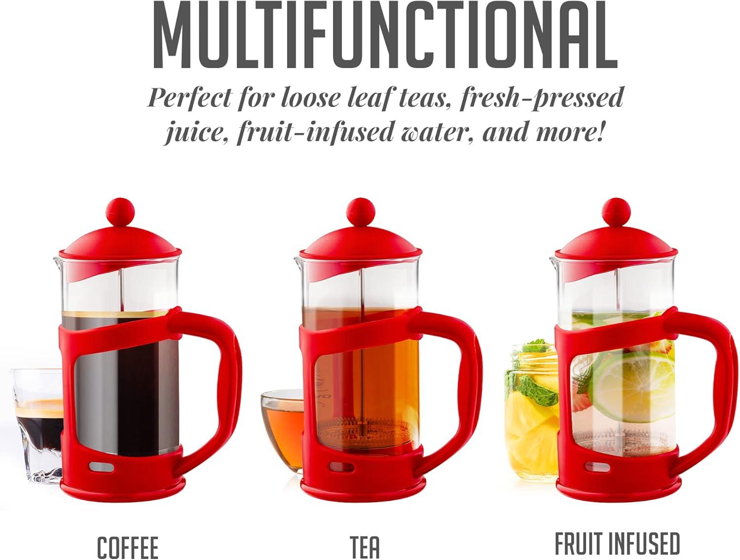 imageOVENTE French Press Coffee Maker 34 Ounce Heat Resistant Borosilicate Glass with 4 Filter StainlessSteel System BPAFree Portable Pitcher Perfect for Hot ampamp Cold Brew Red FPT34RFPT  Red