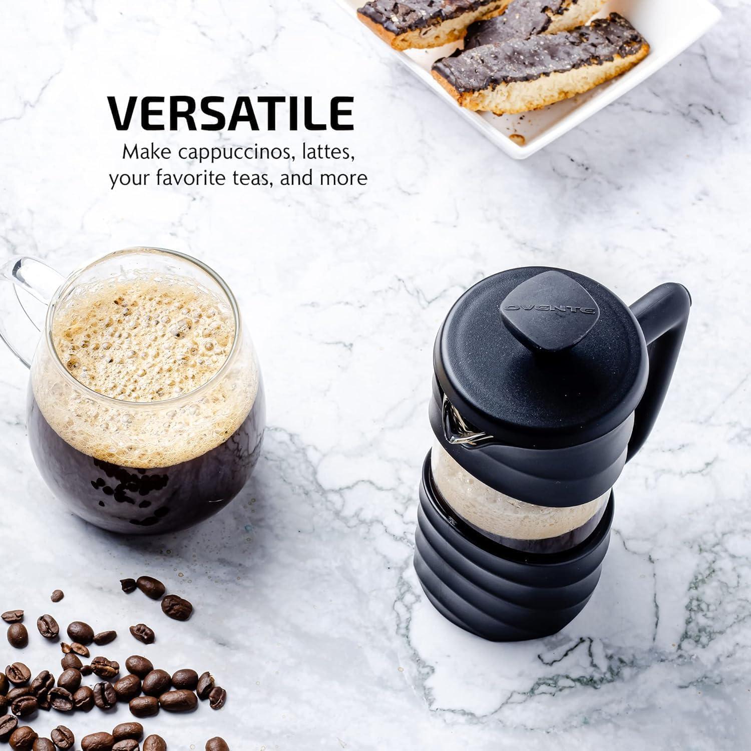 imageOVENTE French Press Coffee Maker 34 Ounce Heat Resistant Borosilicate Glass with 4 Filter StainlessSteel System BPAFree Portable Pitcher Perfect for Hot ampamp Cold Brew Red FPT34RFPW  Black