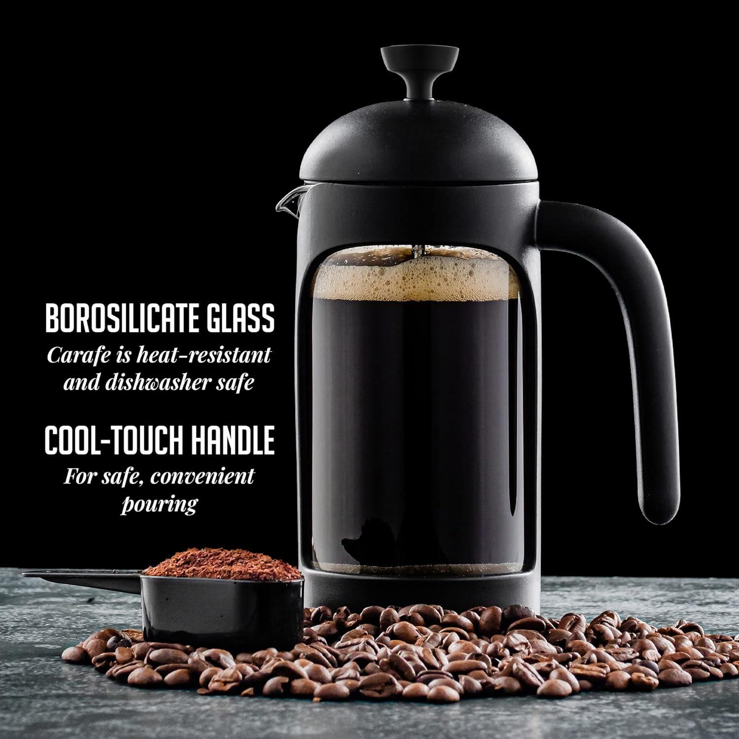 imageOVENTE French Press Coffee Maker 34 Ounce Heat Resistant Borosilicate Glass with 4 Filter StainlessSteel System BPAFree Portable Pitcher Perfect for Hot ampamp Cold Brew Red FPT34RFPB  Black