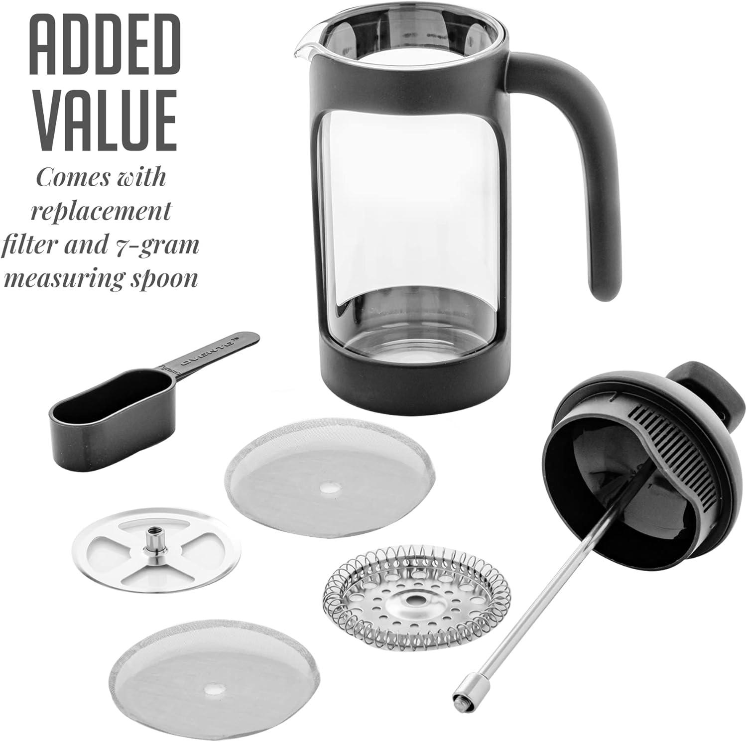 imageOVENTE French Press Coffee Maker 34 Ounce Heat Resistant Borosilicate Glass with 4 Filter StainlessSteel System BPAFree Portable Pitcher Perfect for Hot ampamp Cold Brew Red FPT34RFPB  Black