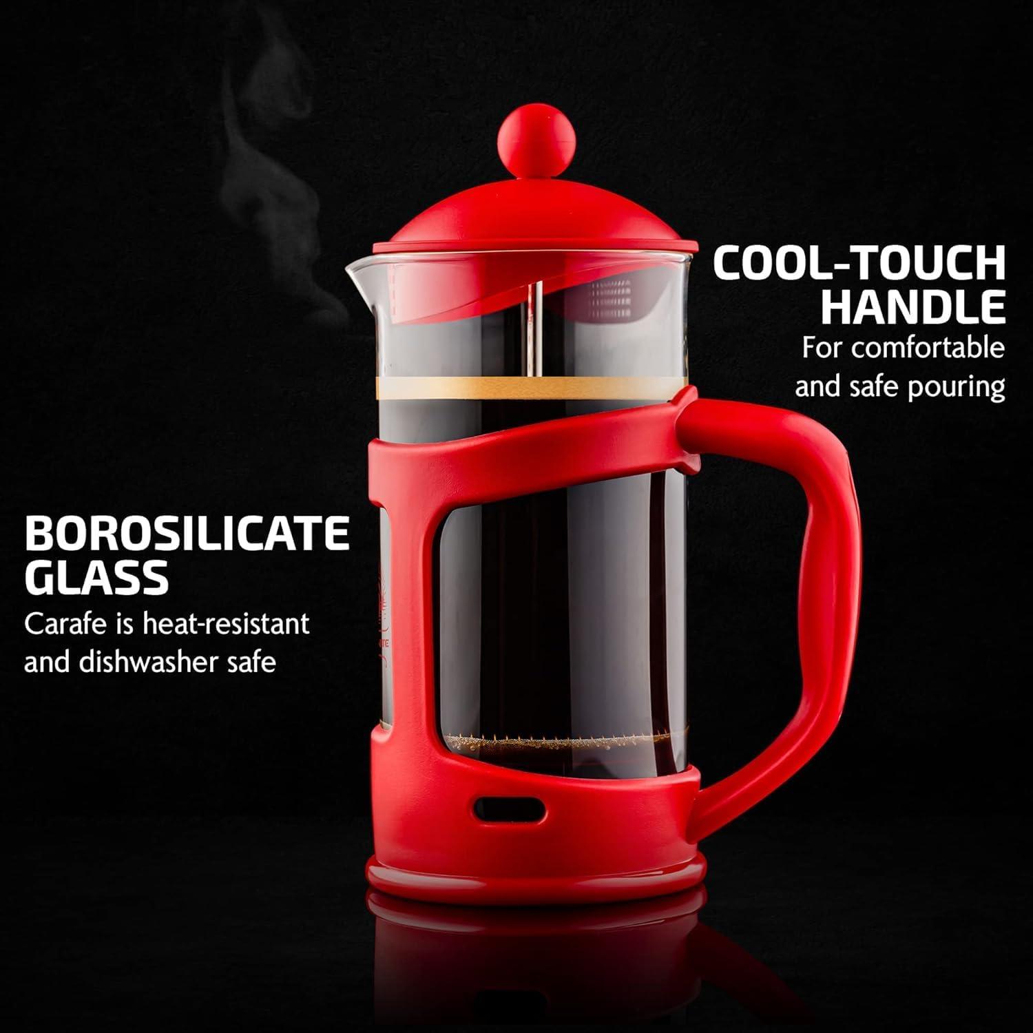 imageOVENTE French Press Coffee Maker 34 Ounce Heat Resistant Borosilicate Glass with 4 Filter StainlessSteel System BPAFree Portable Pitcher Perfect for Hot ampamp Cold Brew Red FPT34RFPT  Red