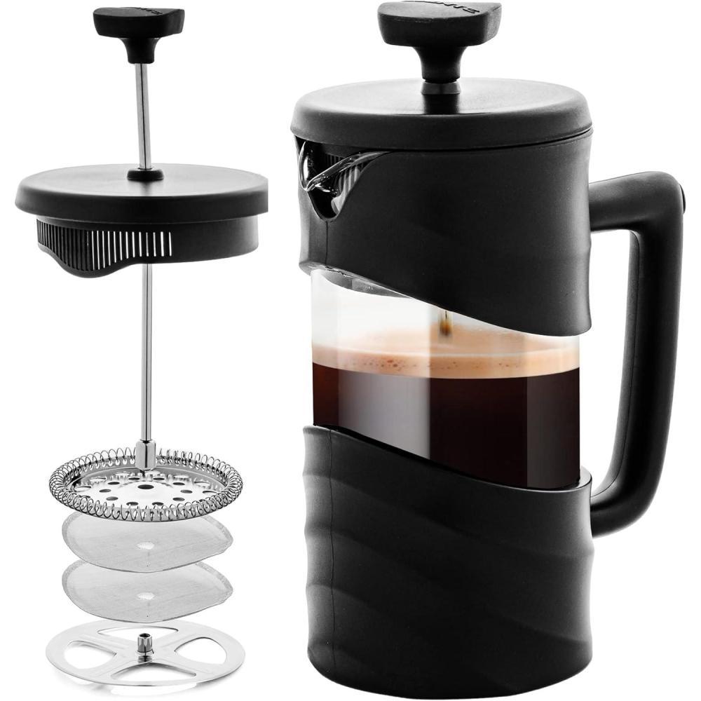 imageOVENTE French Press Coffee Maker 34 Ounce Heat Resistant Borosilicate Glass with 4 Filter StainlessSteel System BPAFree Portable Pitcher Perfect for Hot ampamp Cold Brew Red FPT34RFPW  Black