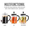 imageOVENTE 2in1 Coffee Press and Tea Maker with High Grade Stainless Steel Retractable Infuser Heat Tempered Borosilicate Glass and Silicone Handle 27 Ounce with Free Measuring Scoop Clear FGC27T27 Ounce